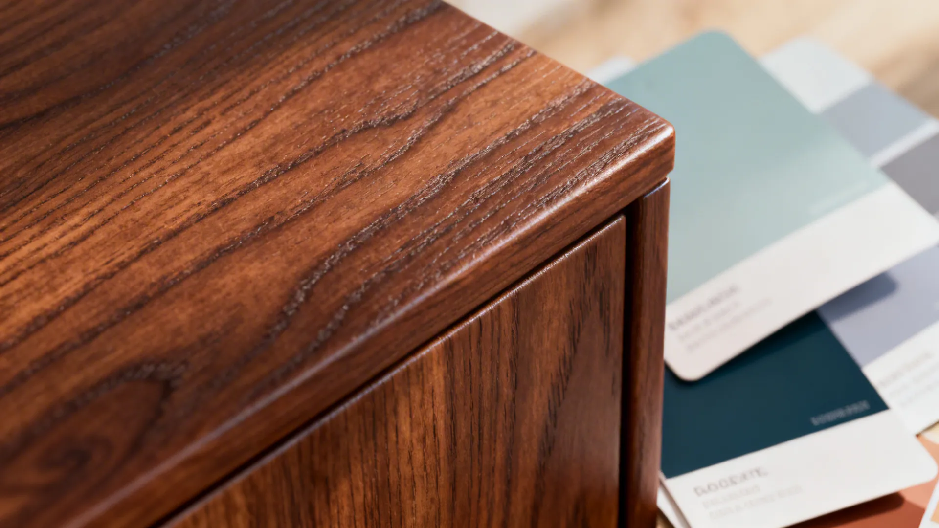Close up of dark wood cabinet corner next to several colorful paint swatches on a table
