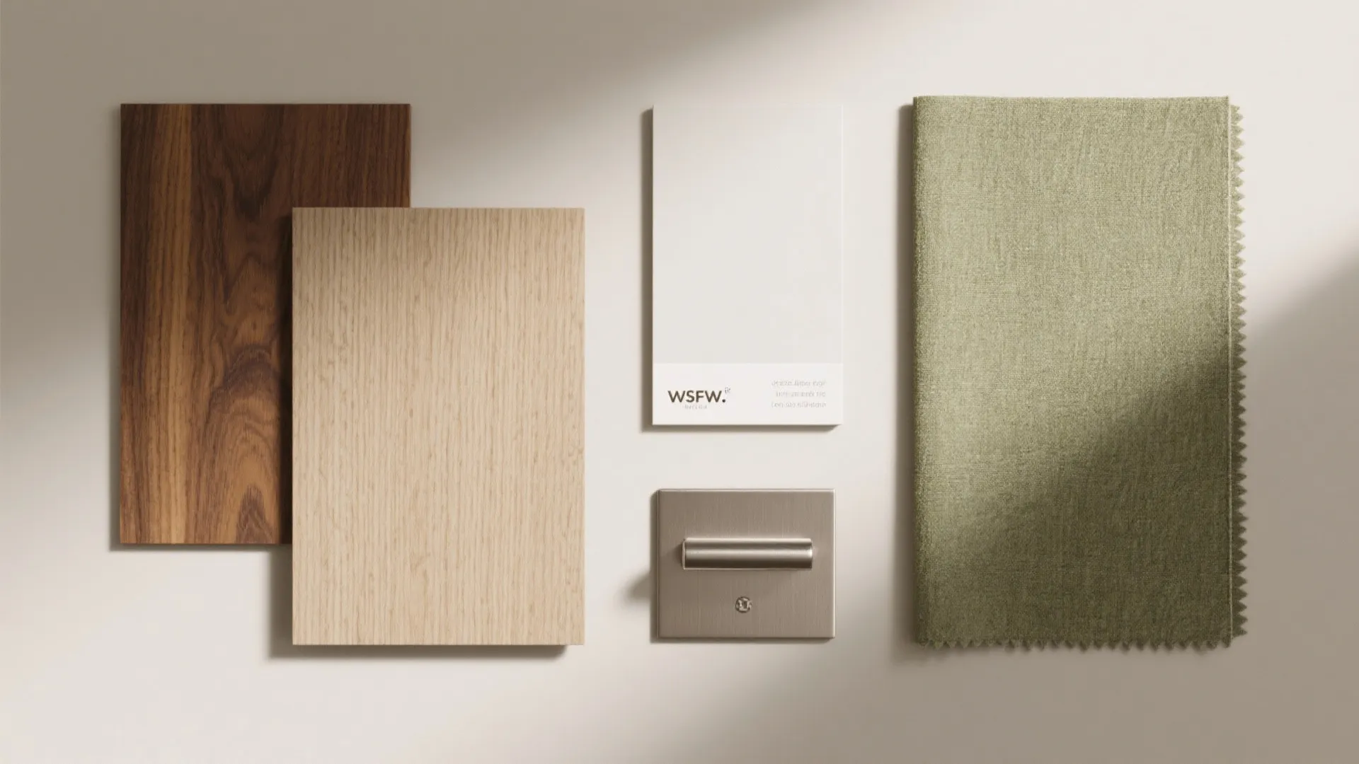 Interior design material board with wood samples green fabric swatch white card and metal handle