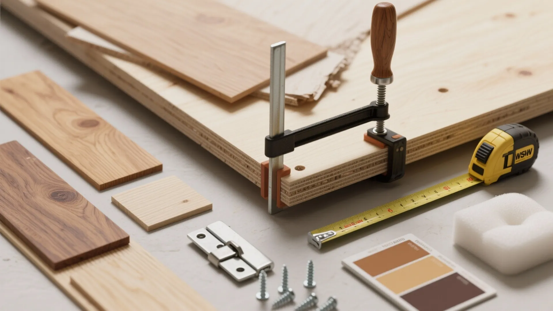 Woodworking tools with a tape measure clamp screws and wood floor samples on a desk