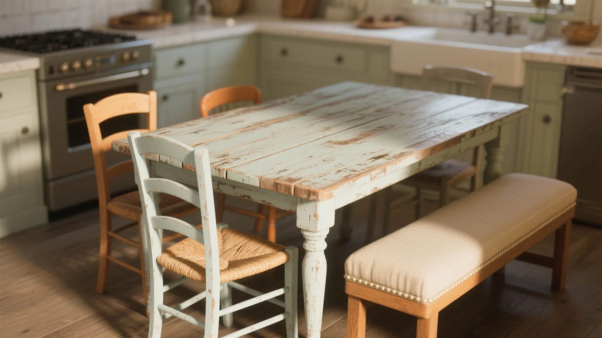 1. Weathered wood table + mixed chairs