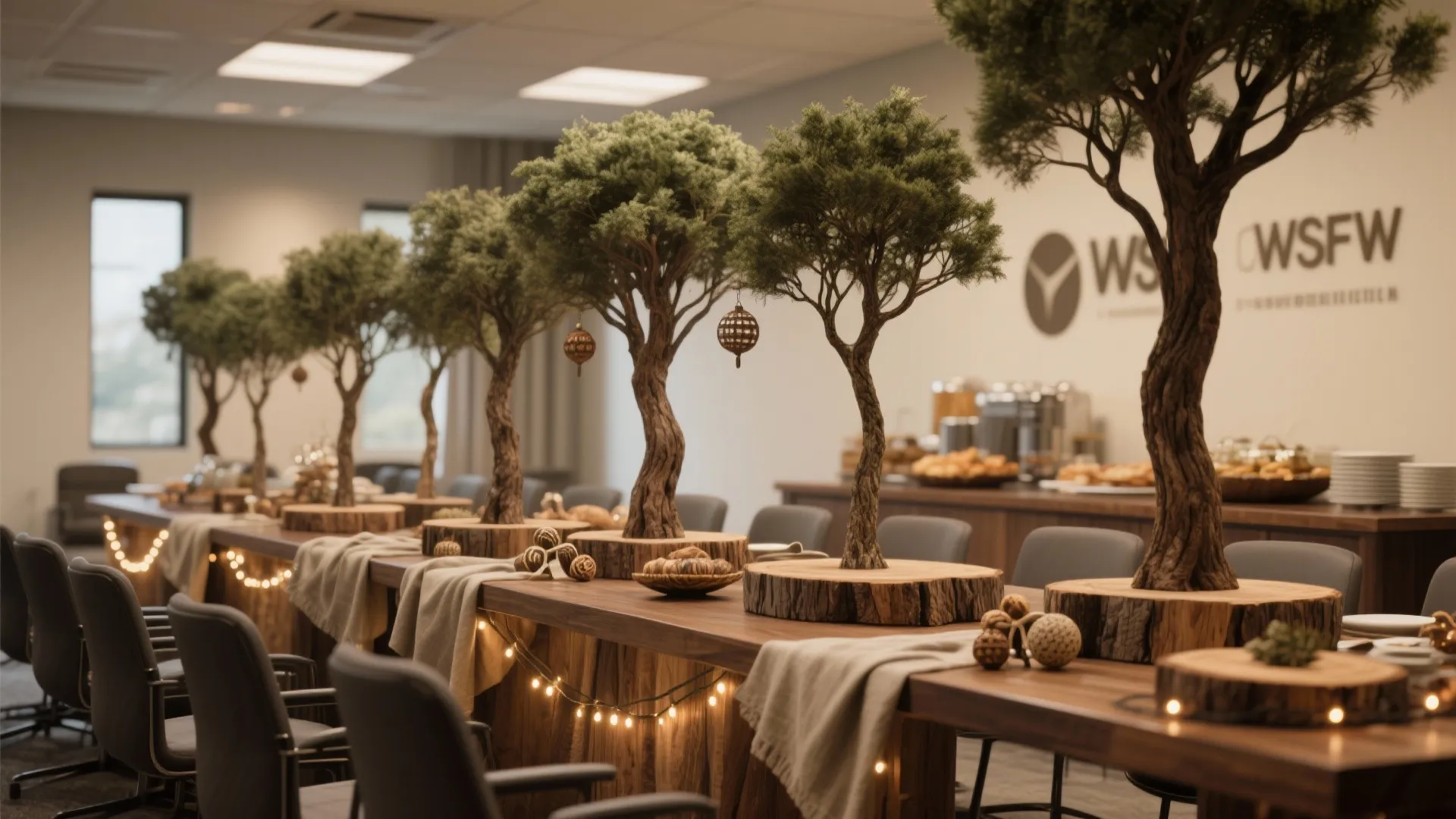 Long wooden table in office decorated with small green trees and warm white string lights