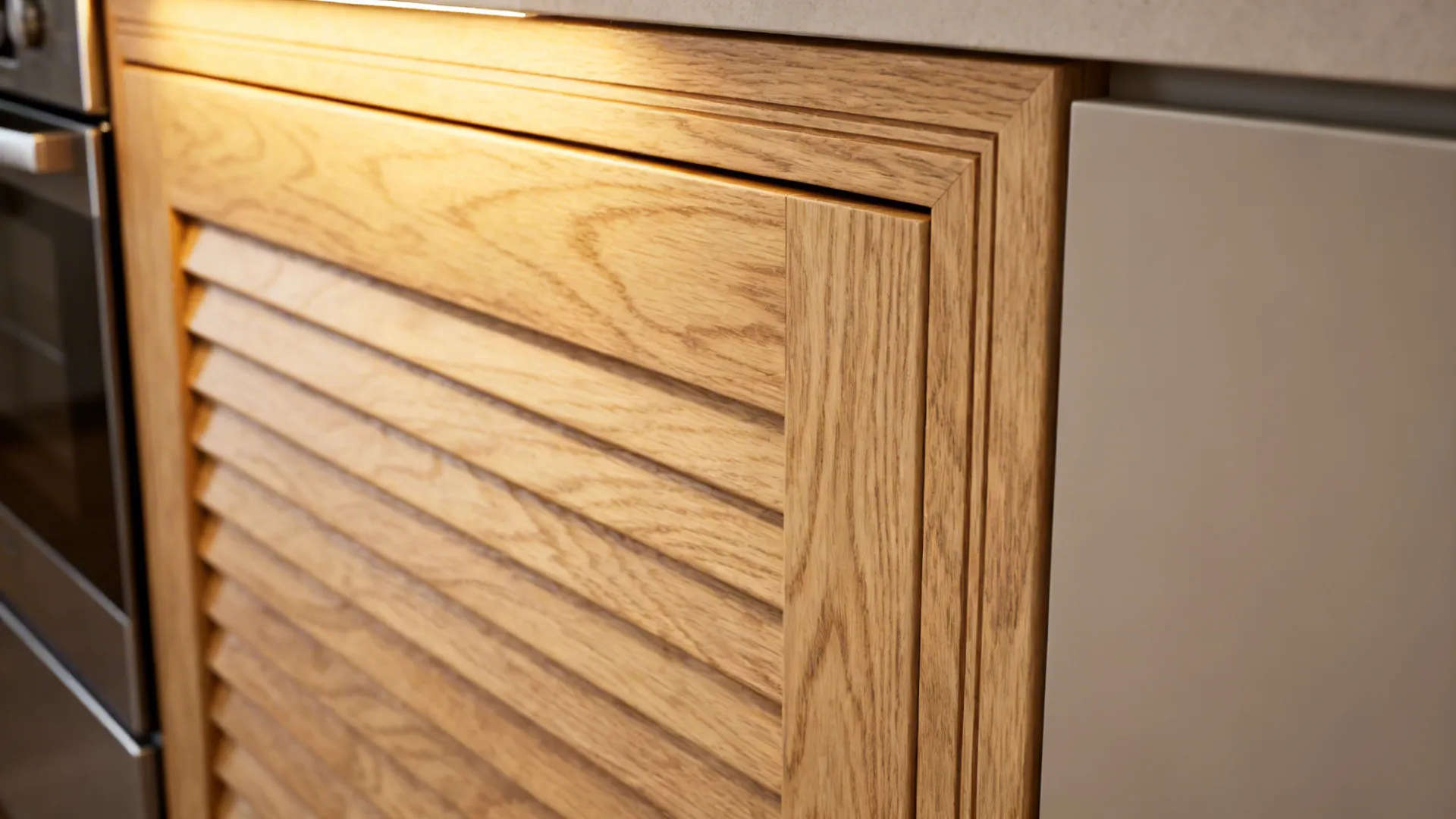 Macro view of a white oak tambour appliance garage beside a matte lacquer cabinet panel.
