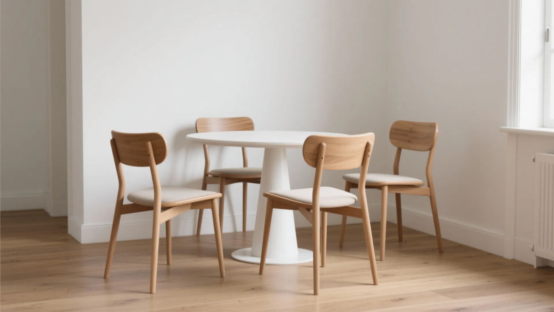 Minimalist dining area with round white table and four wooden chairs on a light wood floor