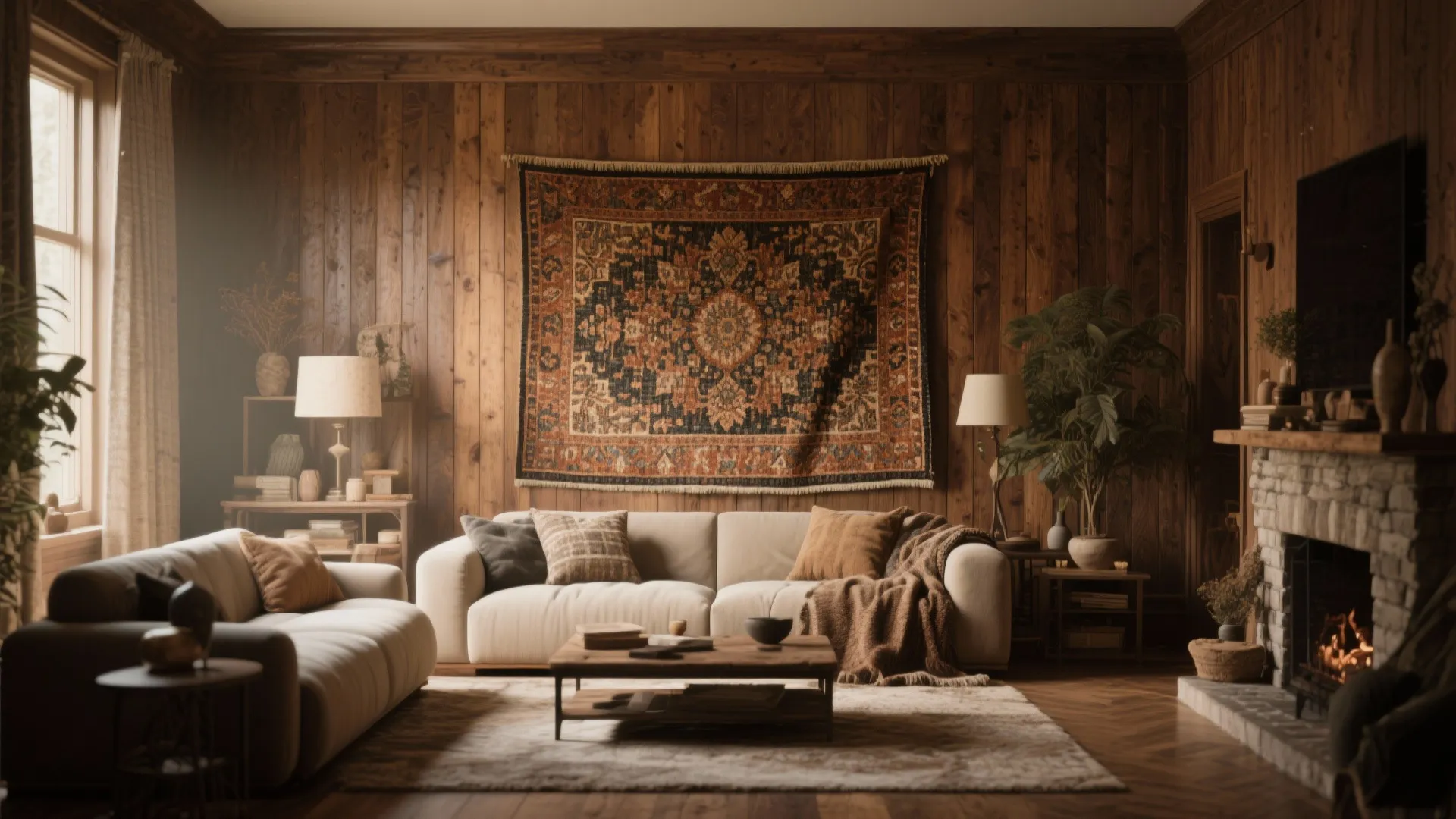 Living room with wood panel walls and large tapestry