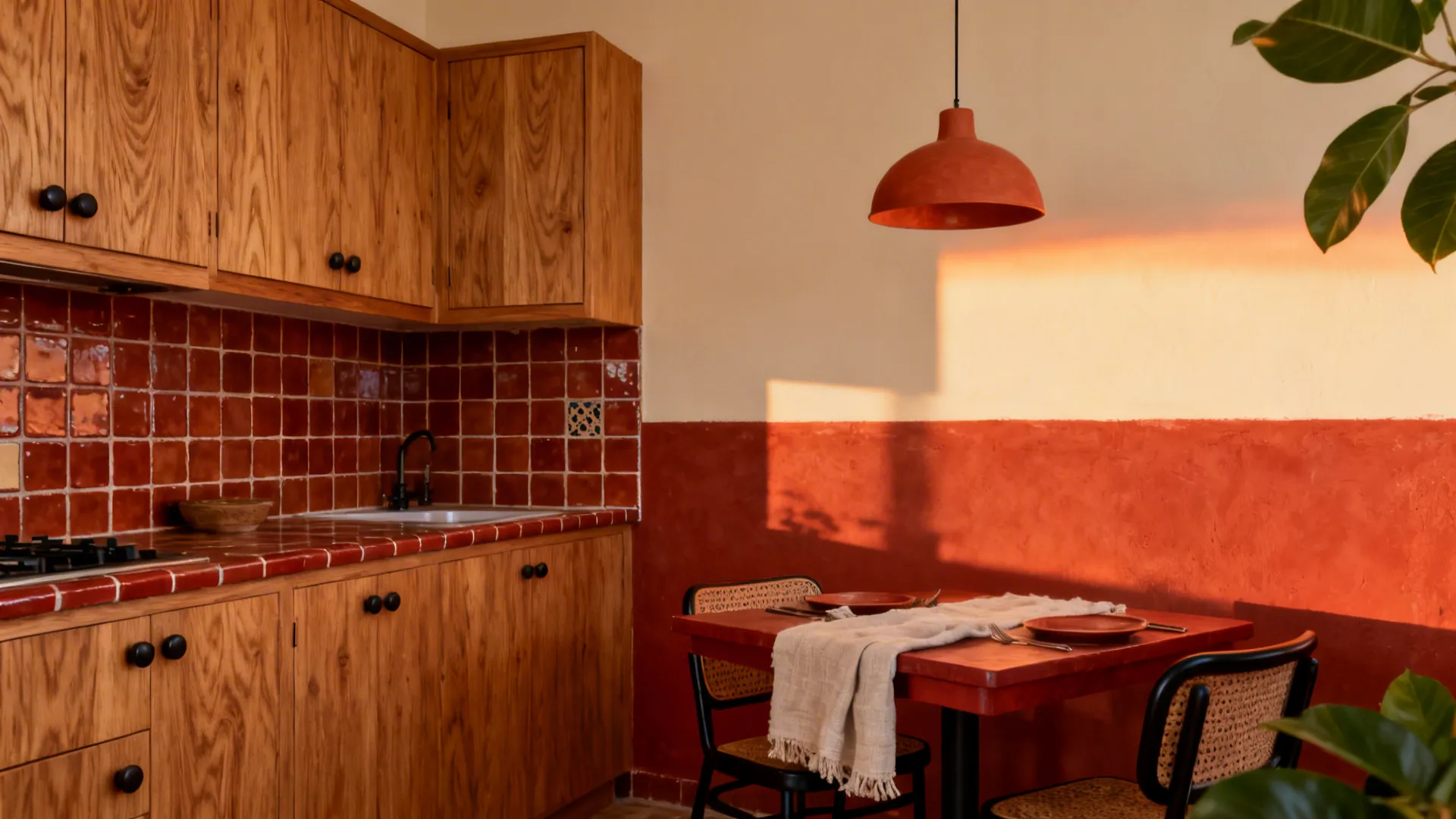 Warm wood kitchen with terracotta accents and cream walls creating a cozy dining atmosphere.