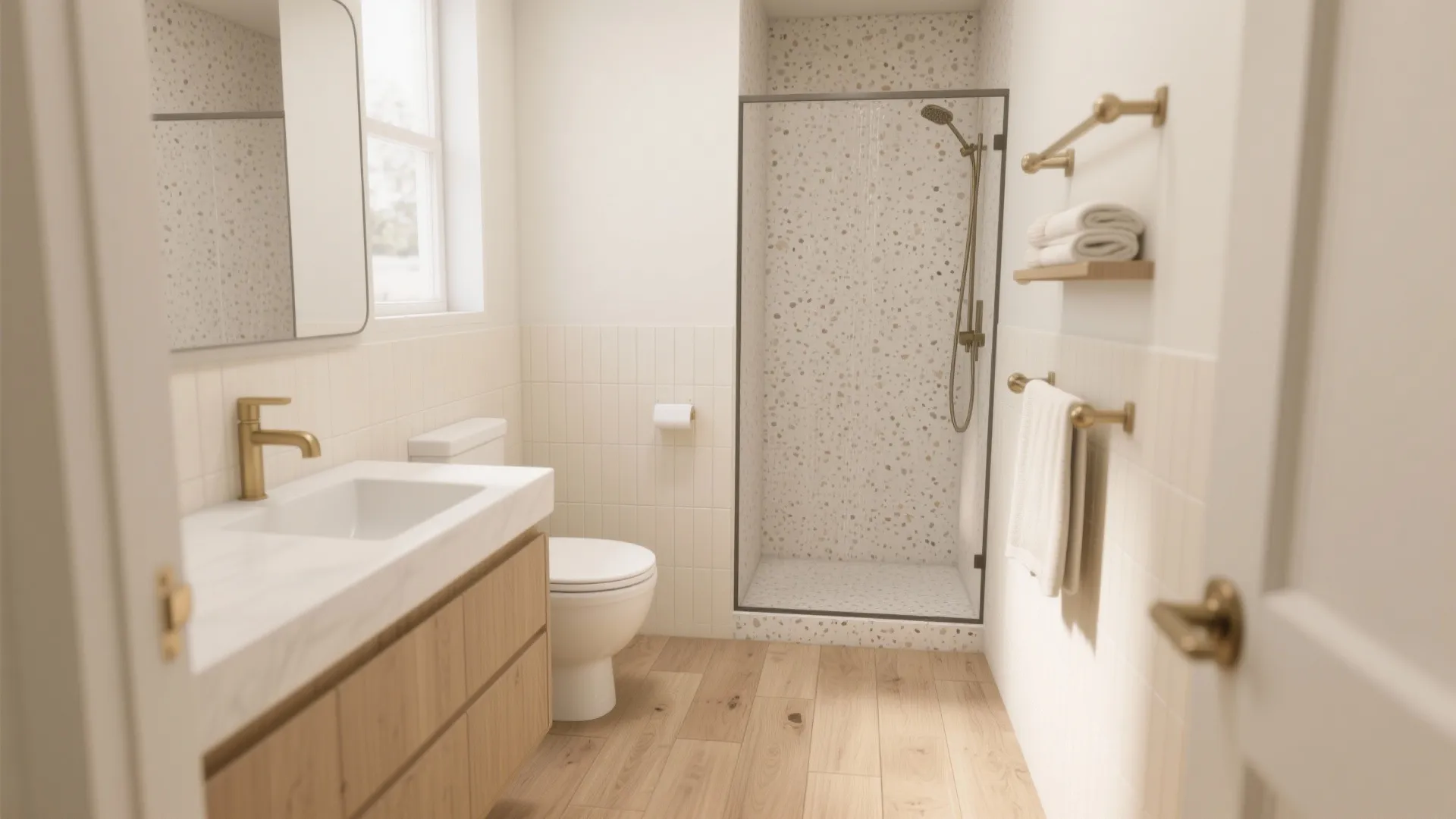 Warmth without wood: wood-look porcelain and soft terrazzo notes