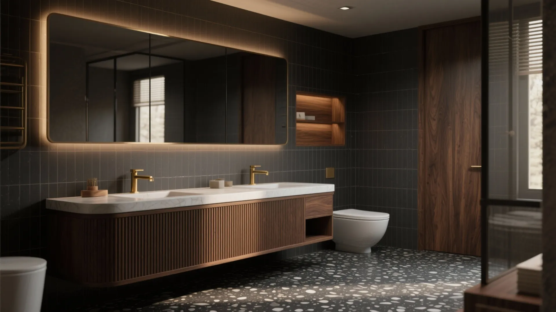 Warm wood with dark stone or terrazzo