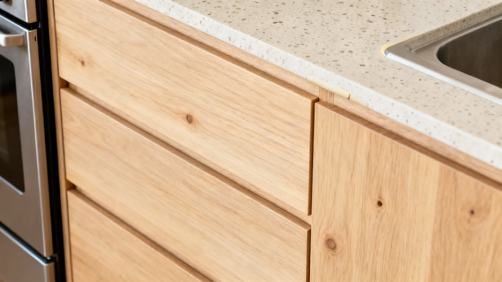 Macro of oak-veneer drawers with matte finish beside a pale terrazzo countertop.
