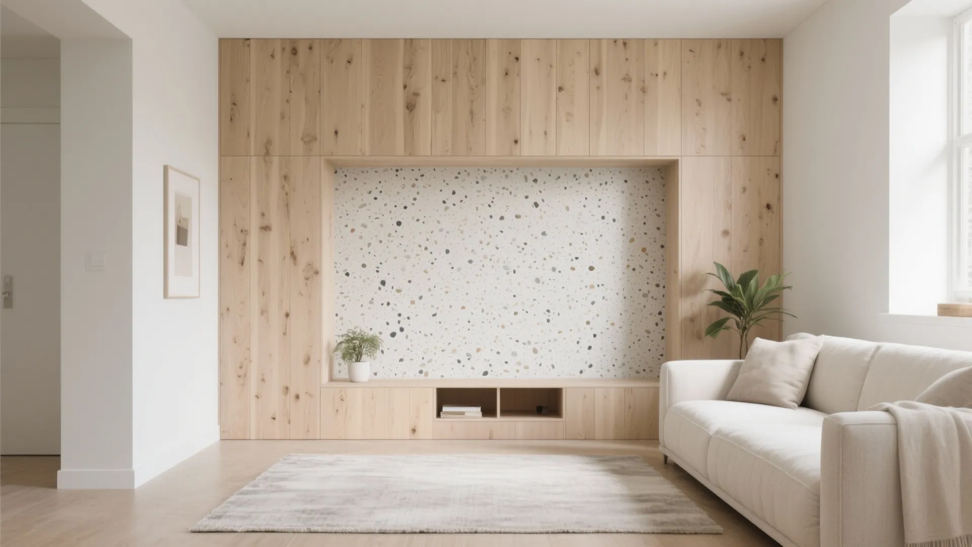 Wood-look porcelain or terrazzo-style tiles for warm-modern vibes