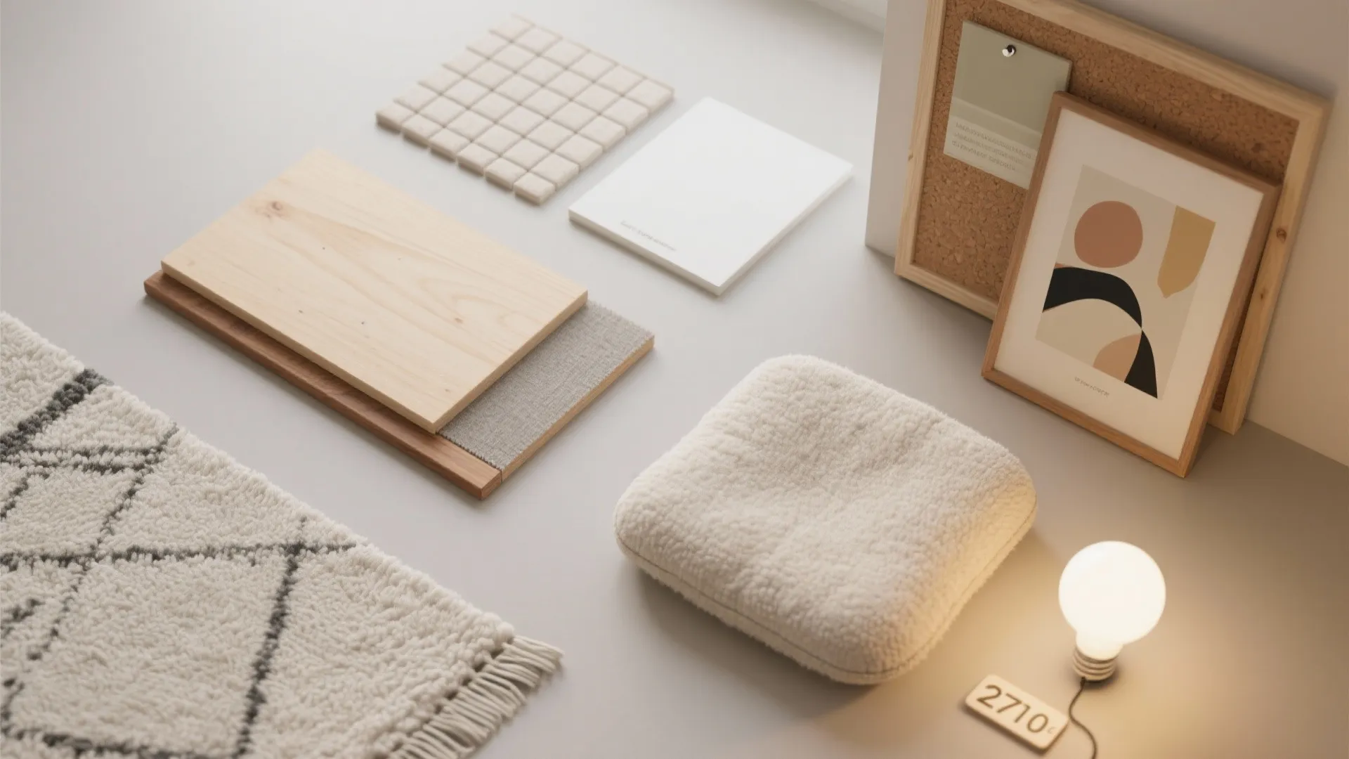 Material board with wood samples fabric pieces tiles rug picture frame and warm light bulb