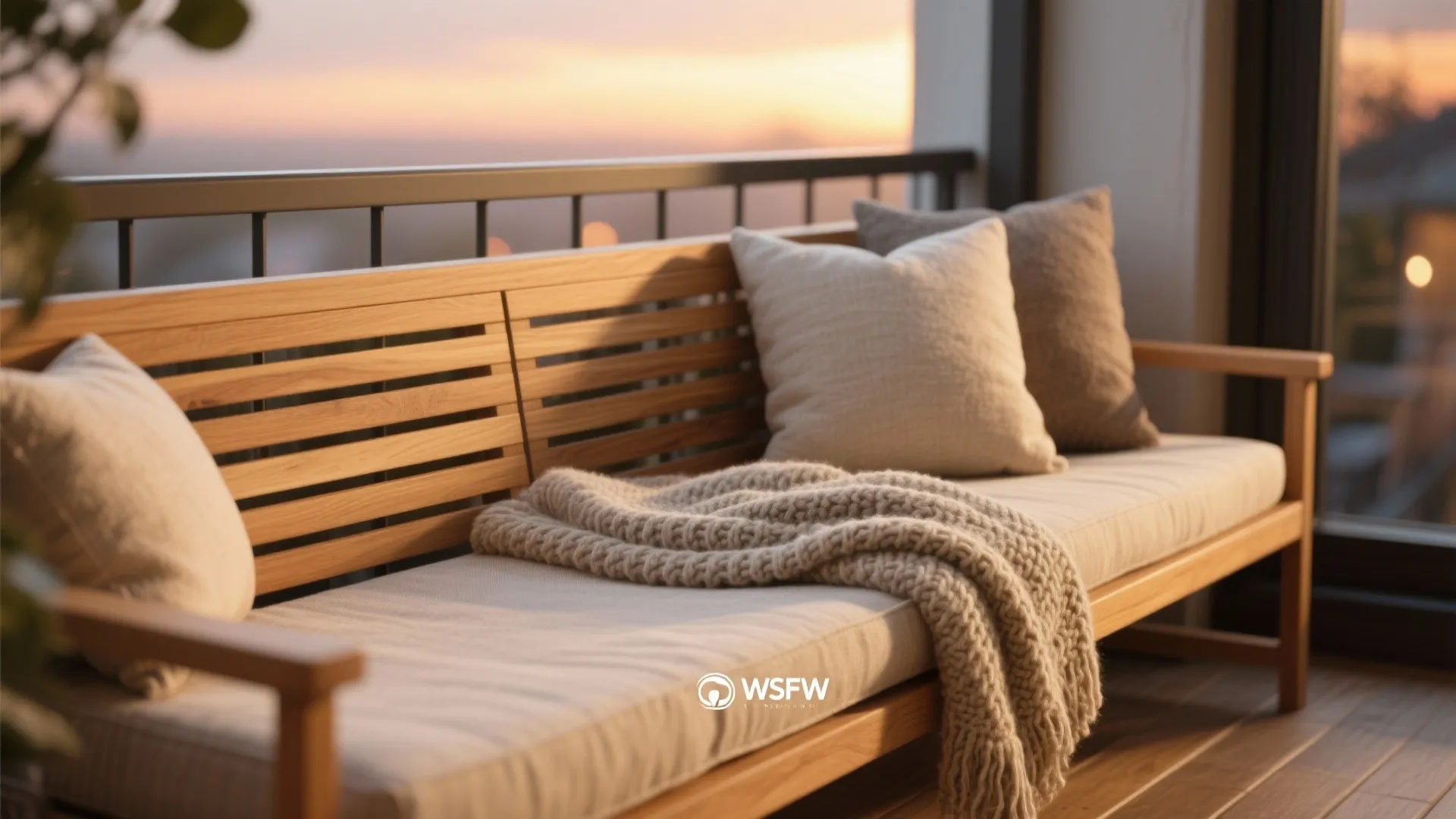 Outdoor wooden sofa on a balcony with soft pillows, warm blanket, and sunset city background