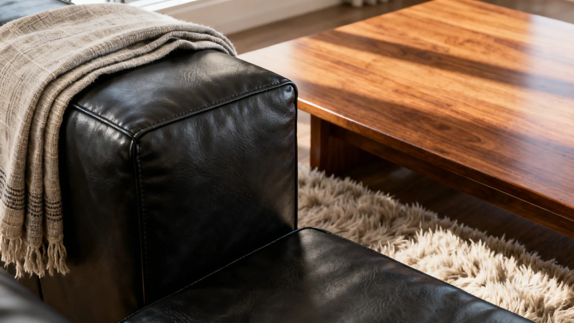 Close-up of black leather sofa with oak coffee table and linen throw showing texture contrast