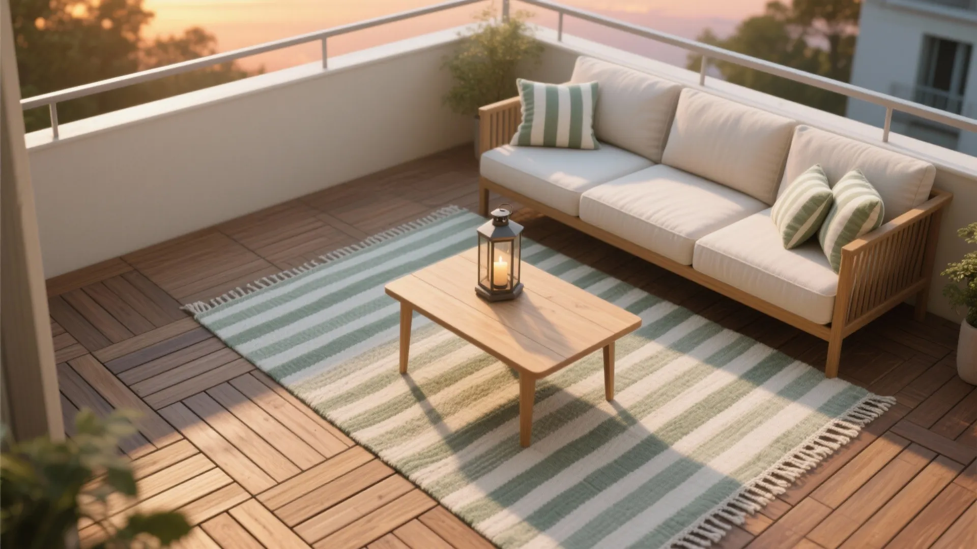 Warm wood and outdoor textiles for a lounge-like feel