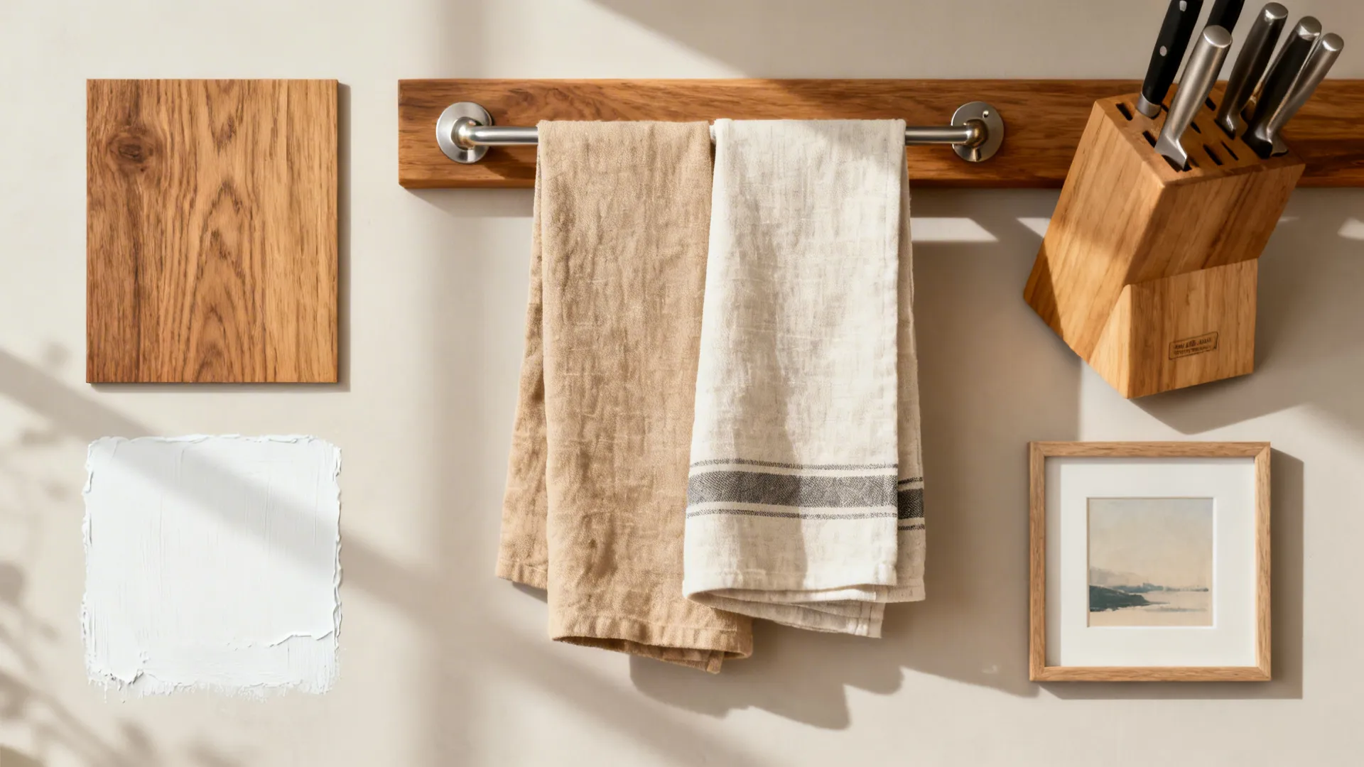 Flat lay of oak, linen towels, brushed steel hardware, and soft white swatches for a warm kitchen palette.