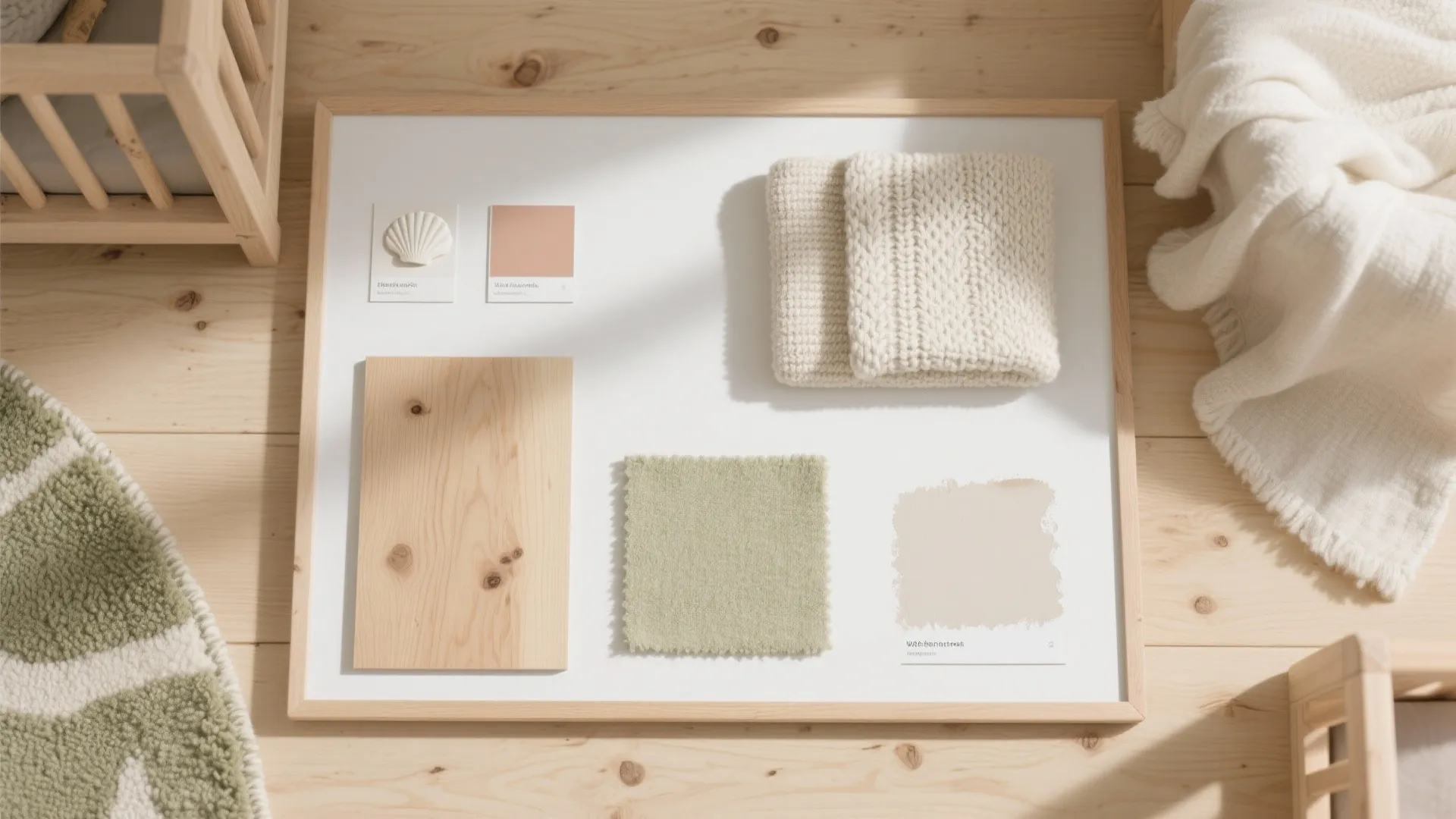 Material board with wood panel green fabric samples paint swatches and white blanket on floor