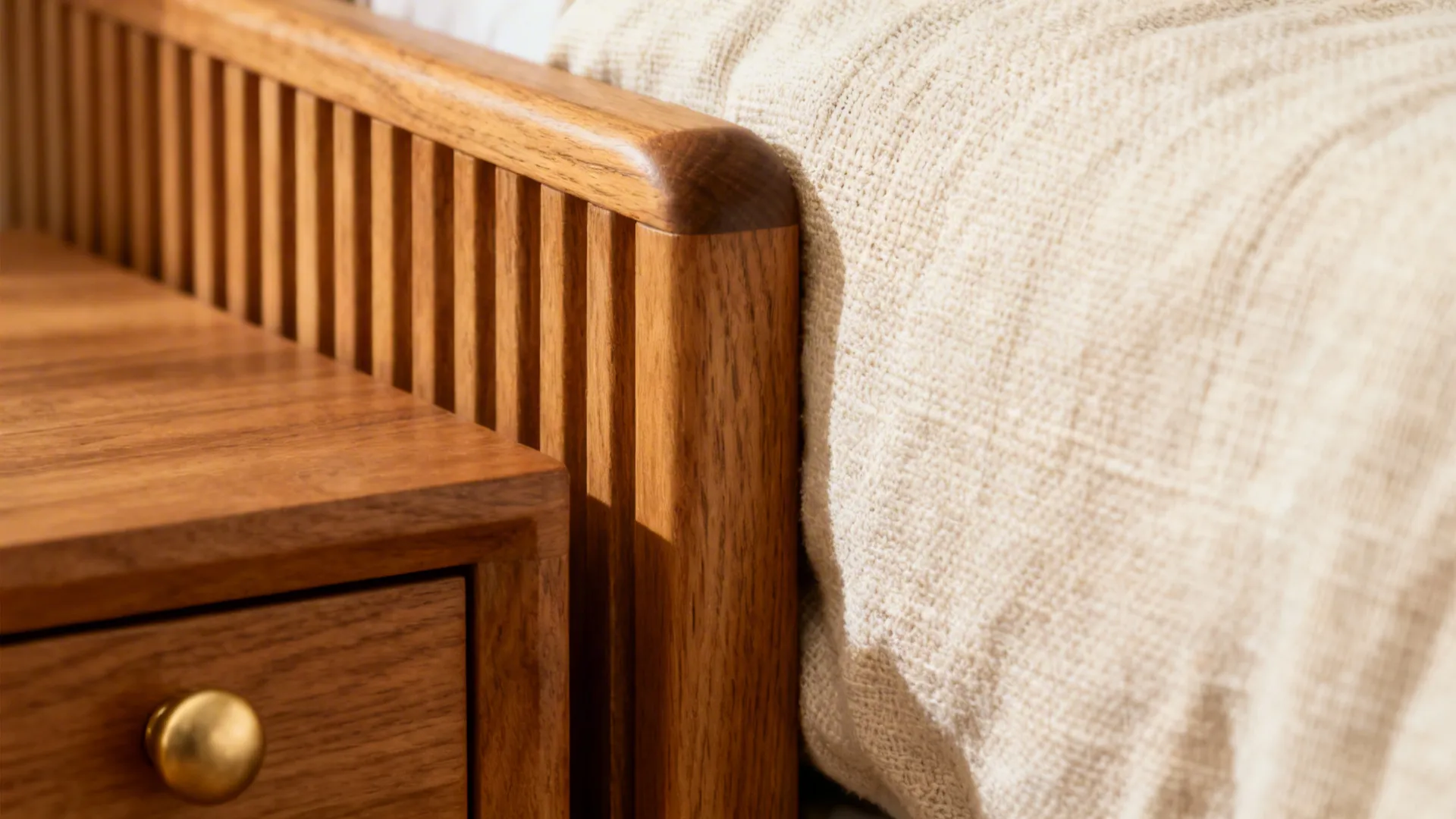 Macro of ribbed oak headboard with linen fabric and a rounded brass pull.