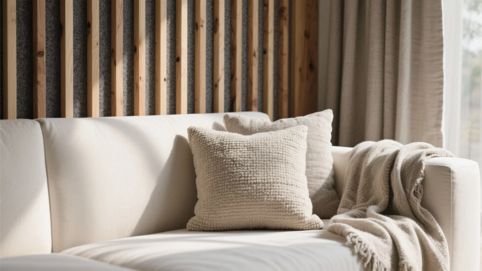 Texture and warmth: wood slats and layered textiles