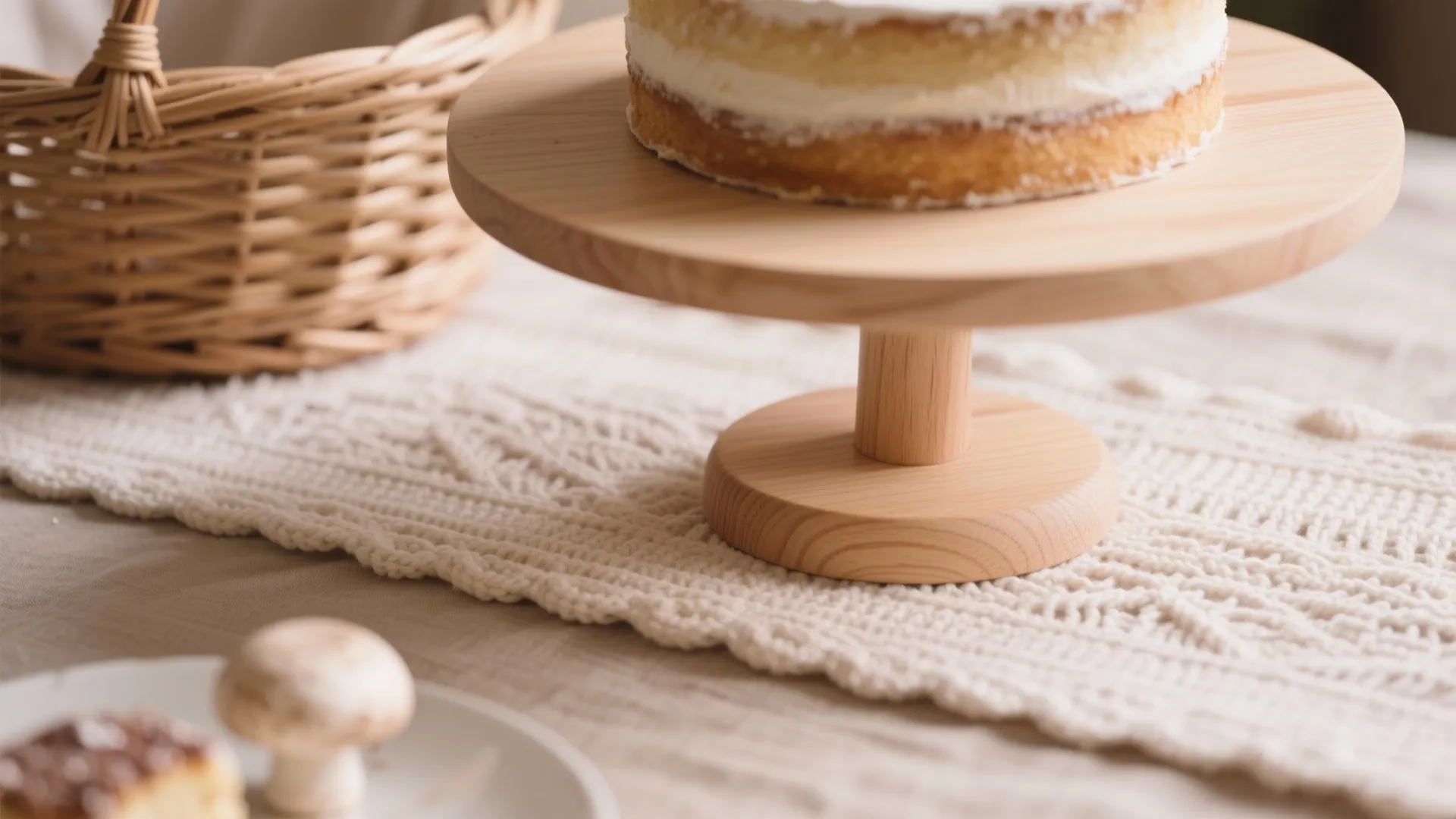 Round wooden cake stand on a white woven table runner next to a wicker basket