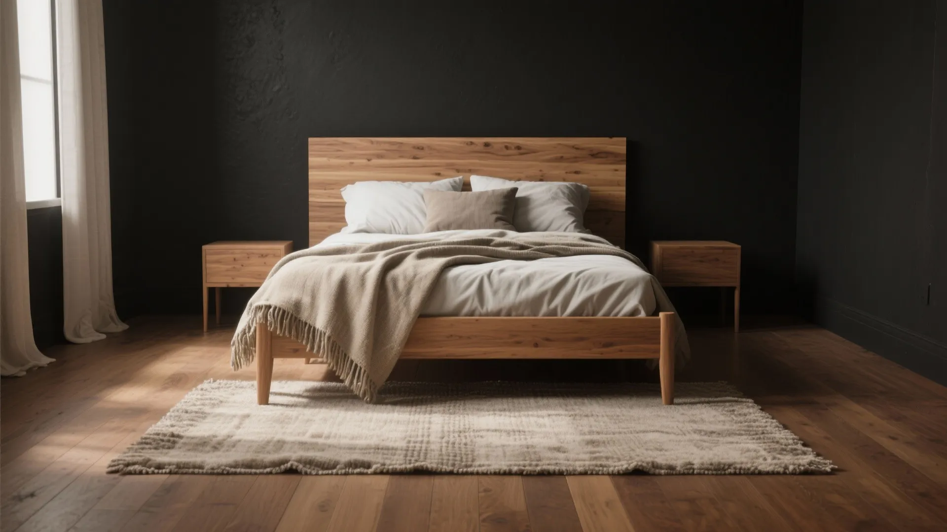 Modern bedroom with wooden bed frame plus bedside tables against black wall with soft rug
