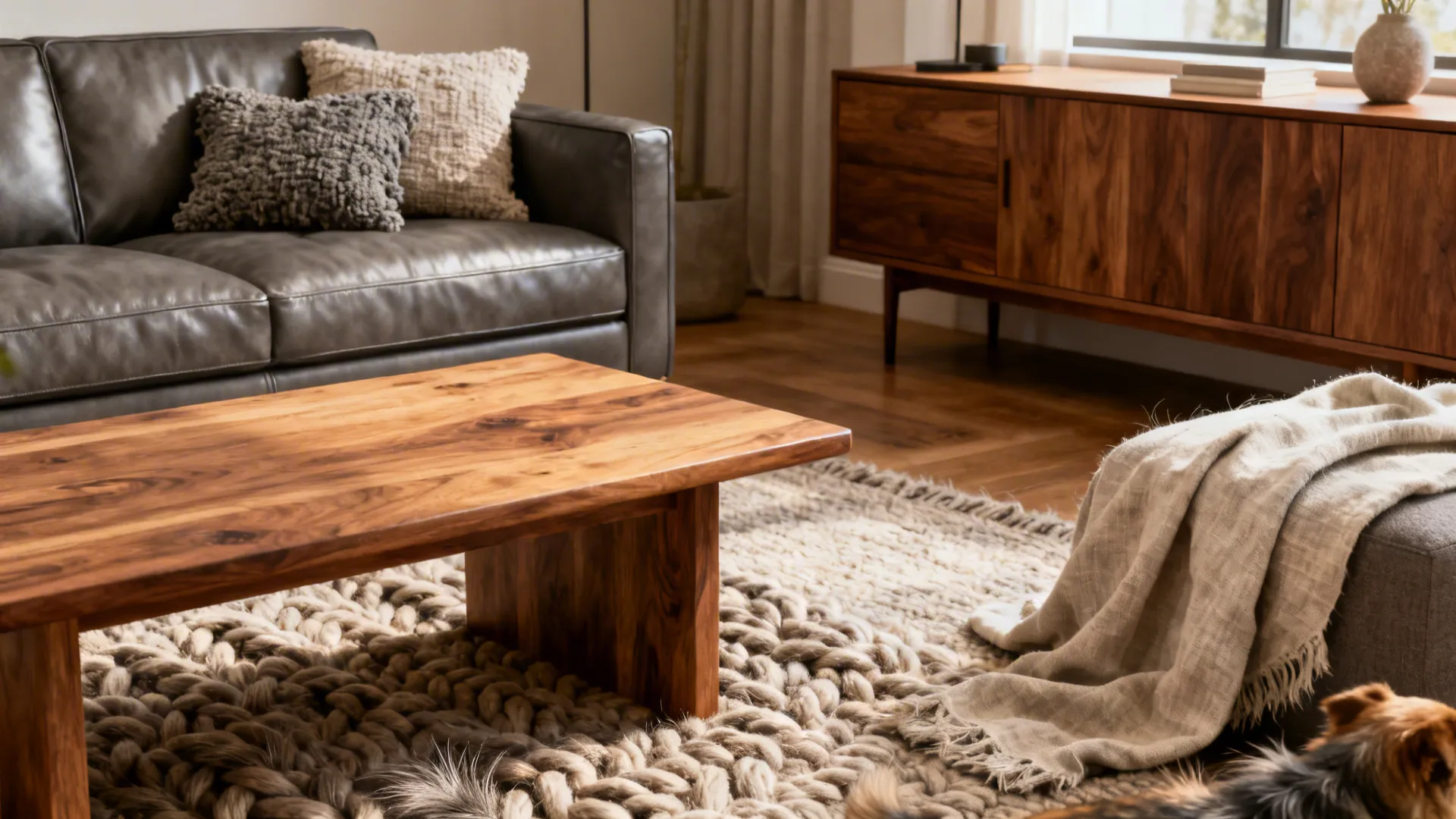 1. Layer with warm woods and soft textiles