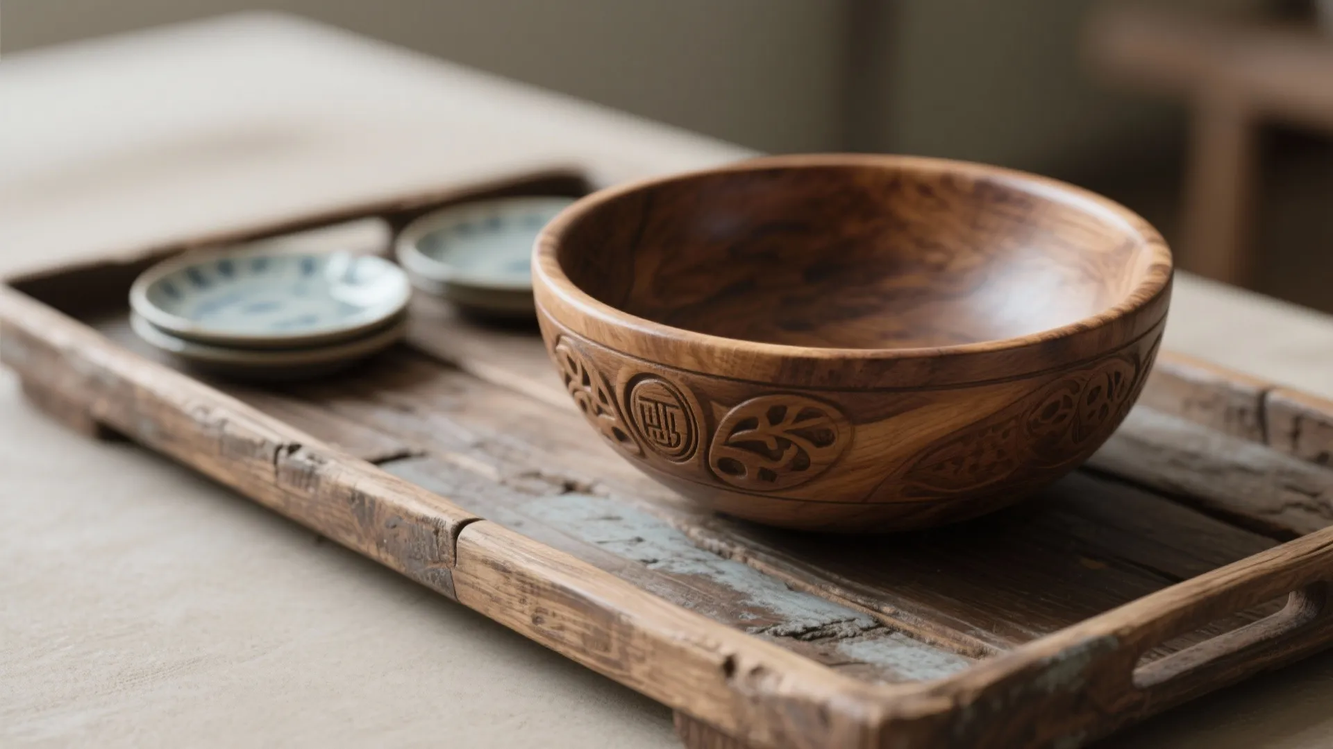 Carved wooden bowl on a rustic wood tray with small ceramic plates on light background