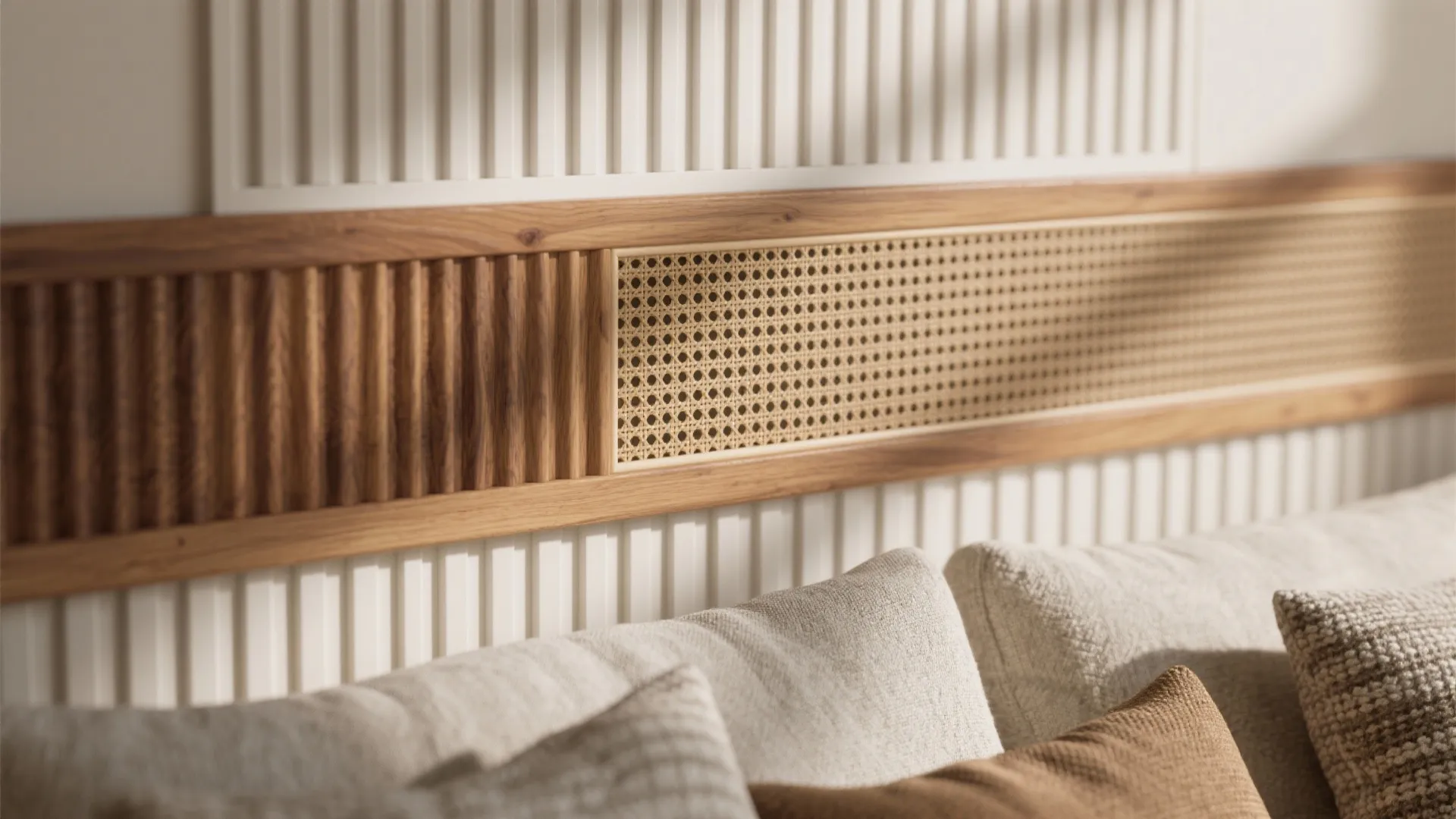Close up of a wooden wall panel with woven texture details above a soft beige sofa