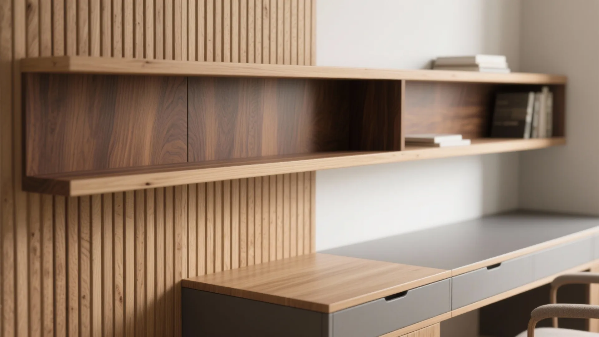 Wooden wall panel with floating shelf and grey desk drawers in a modern study room