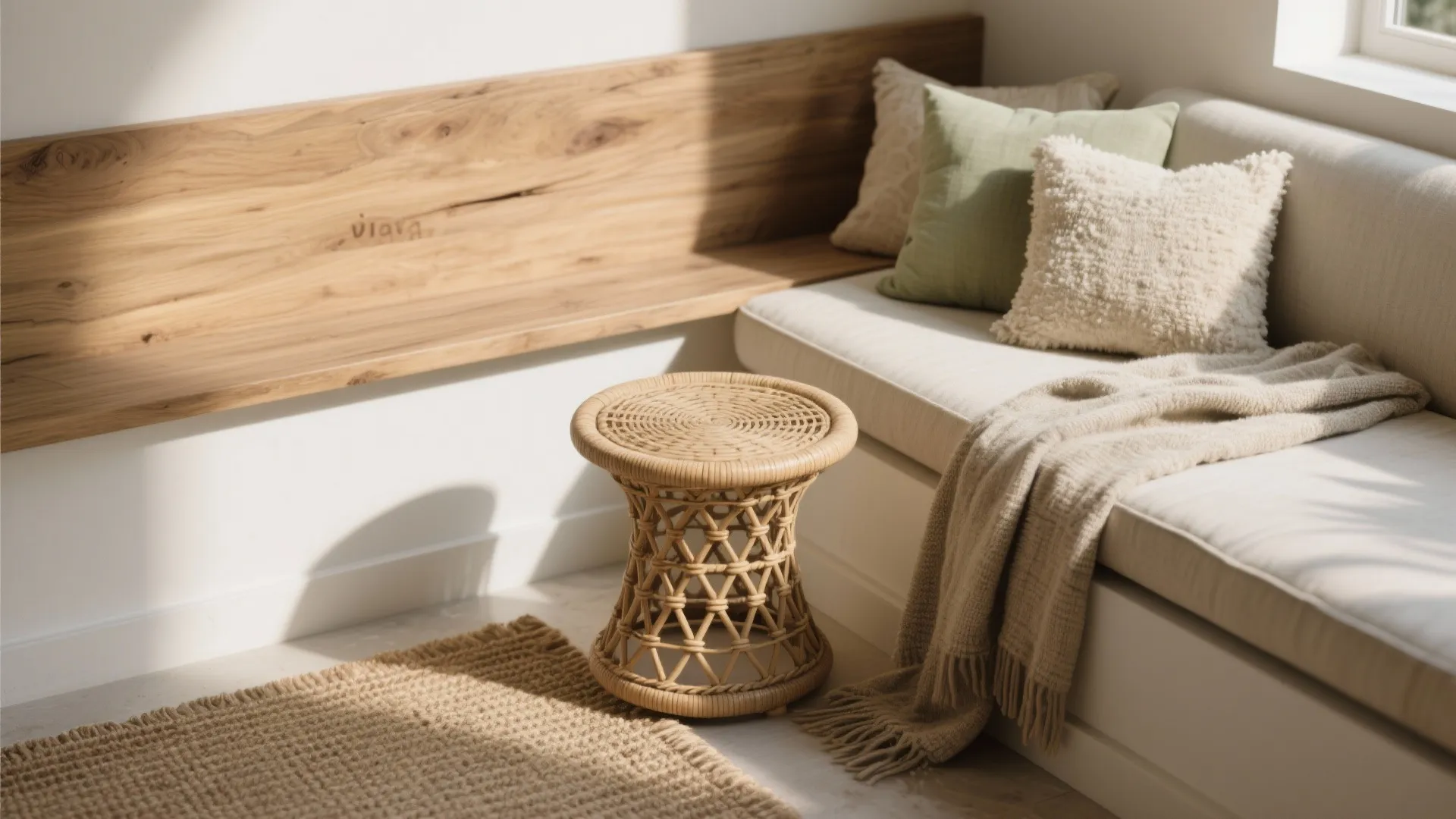 Rattan stool next to a white sofa with green pillows and a wood wall panel