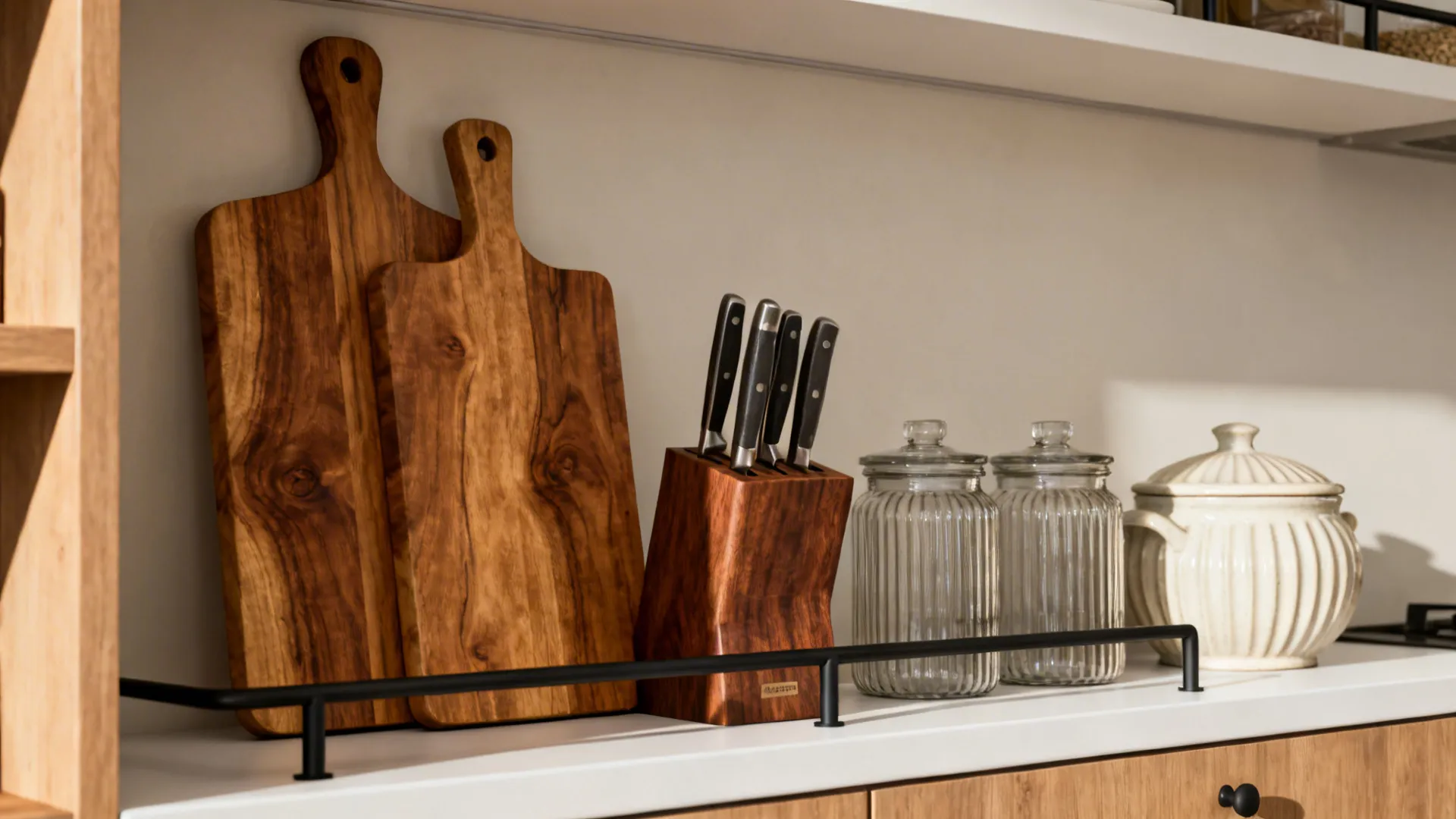 Wooden cutting boards and knife block next to glass jars on a white kitchen shelf