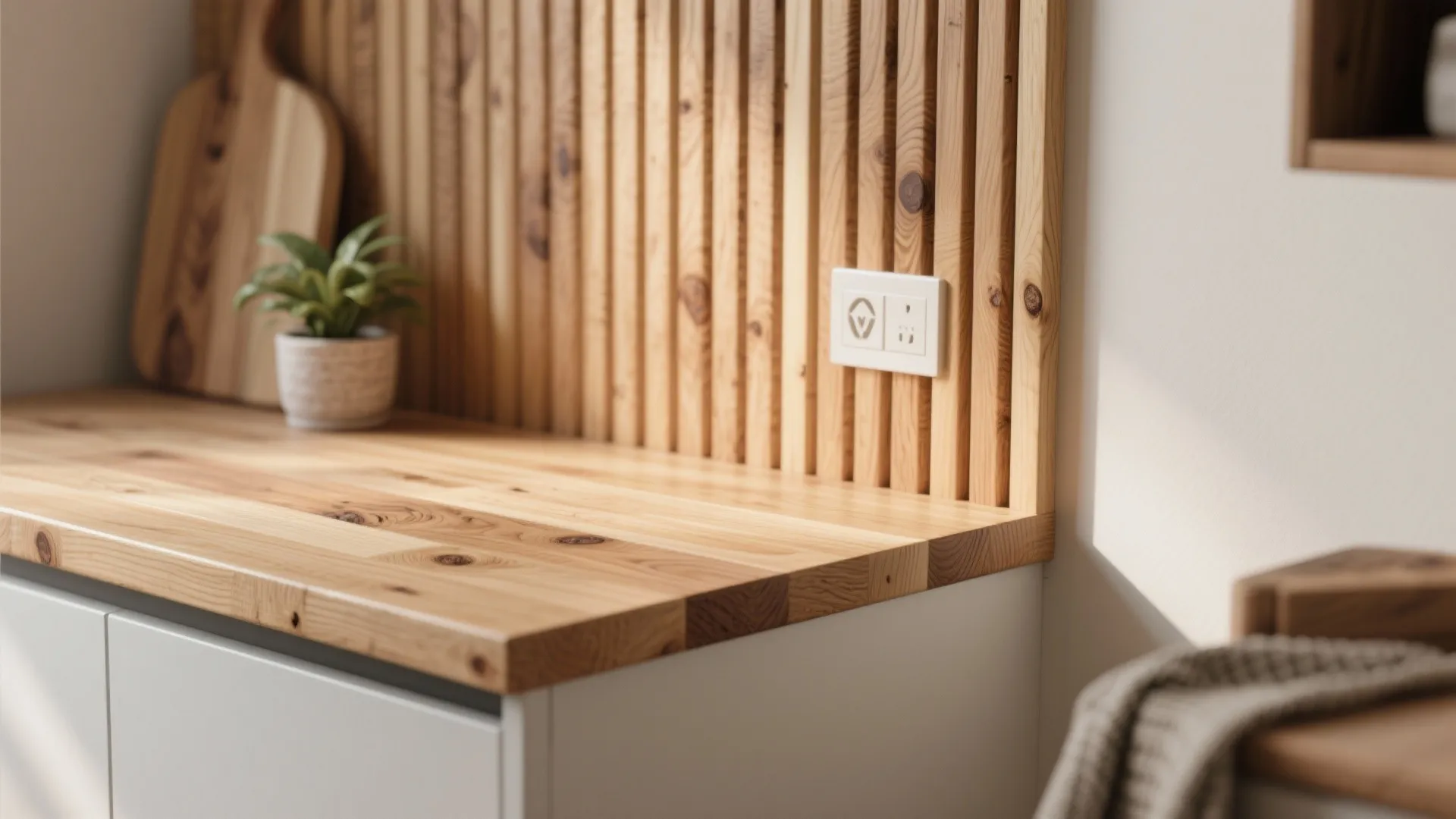 Close-up of wood grain and butcher-block edge highlighting warm texture and finish in a small apartment.