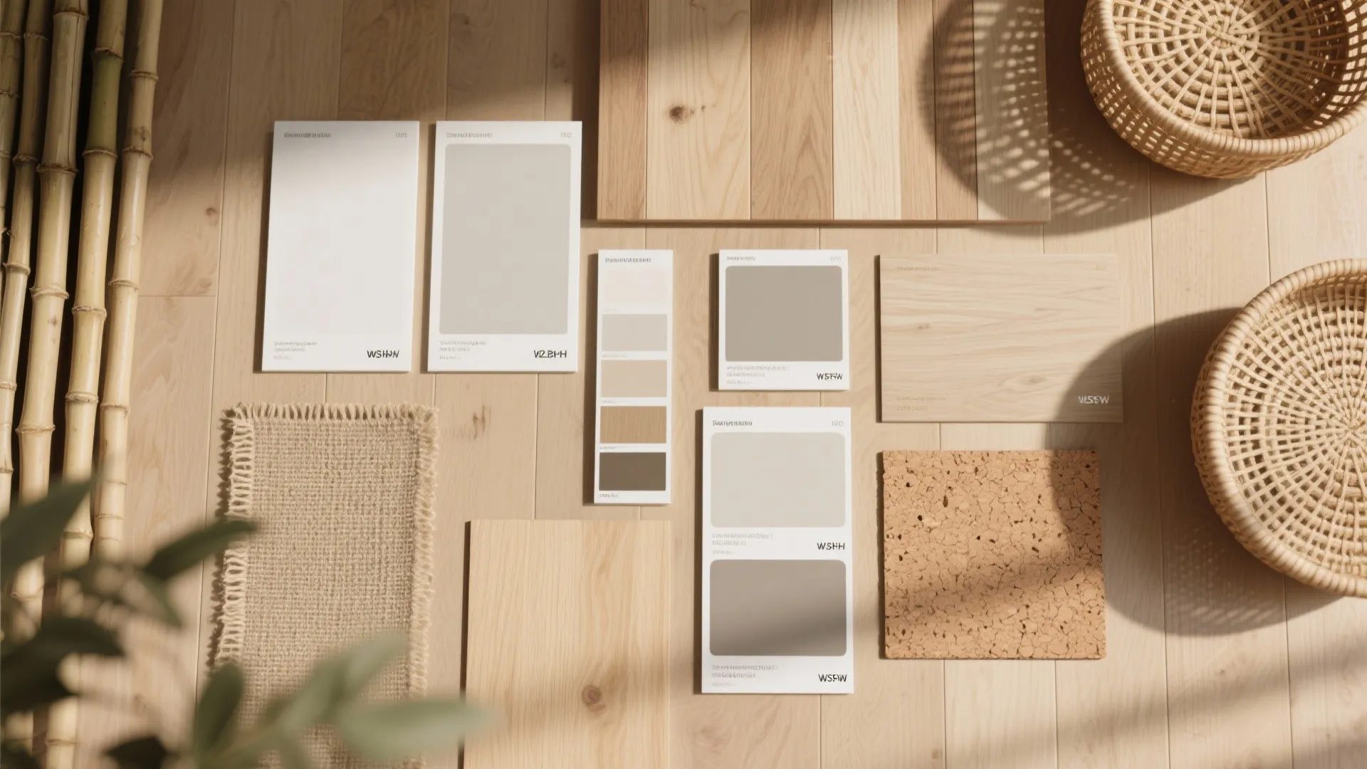 Mood board showing wood texture samples color cards cork piece and woven baskets on floor
