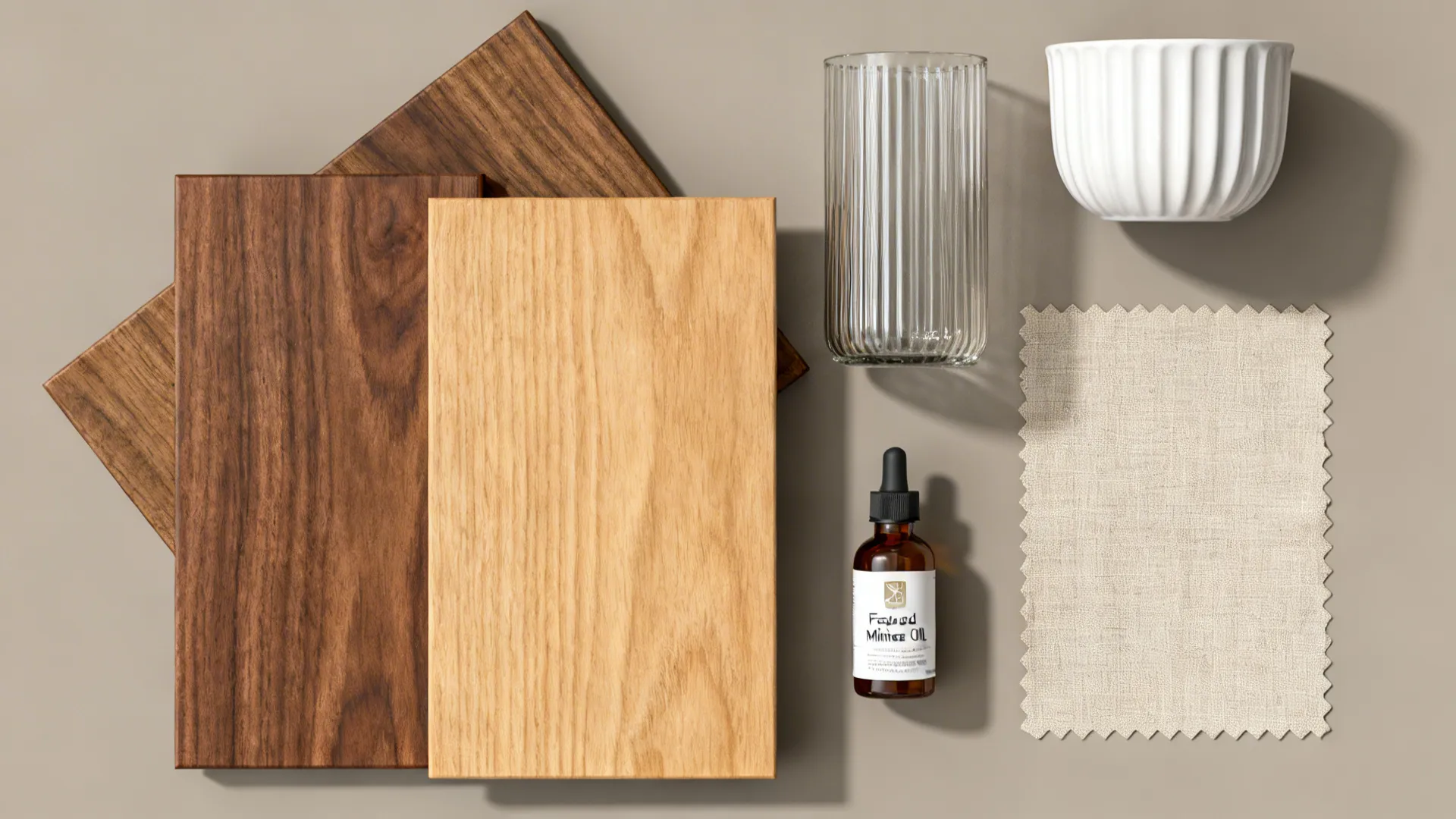 Flat lay showing three wood samples plus glass cup white bowl fabric swatch and oil