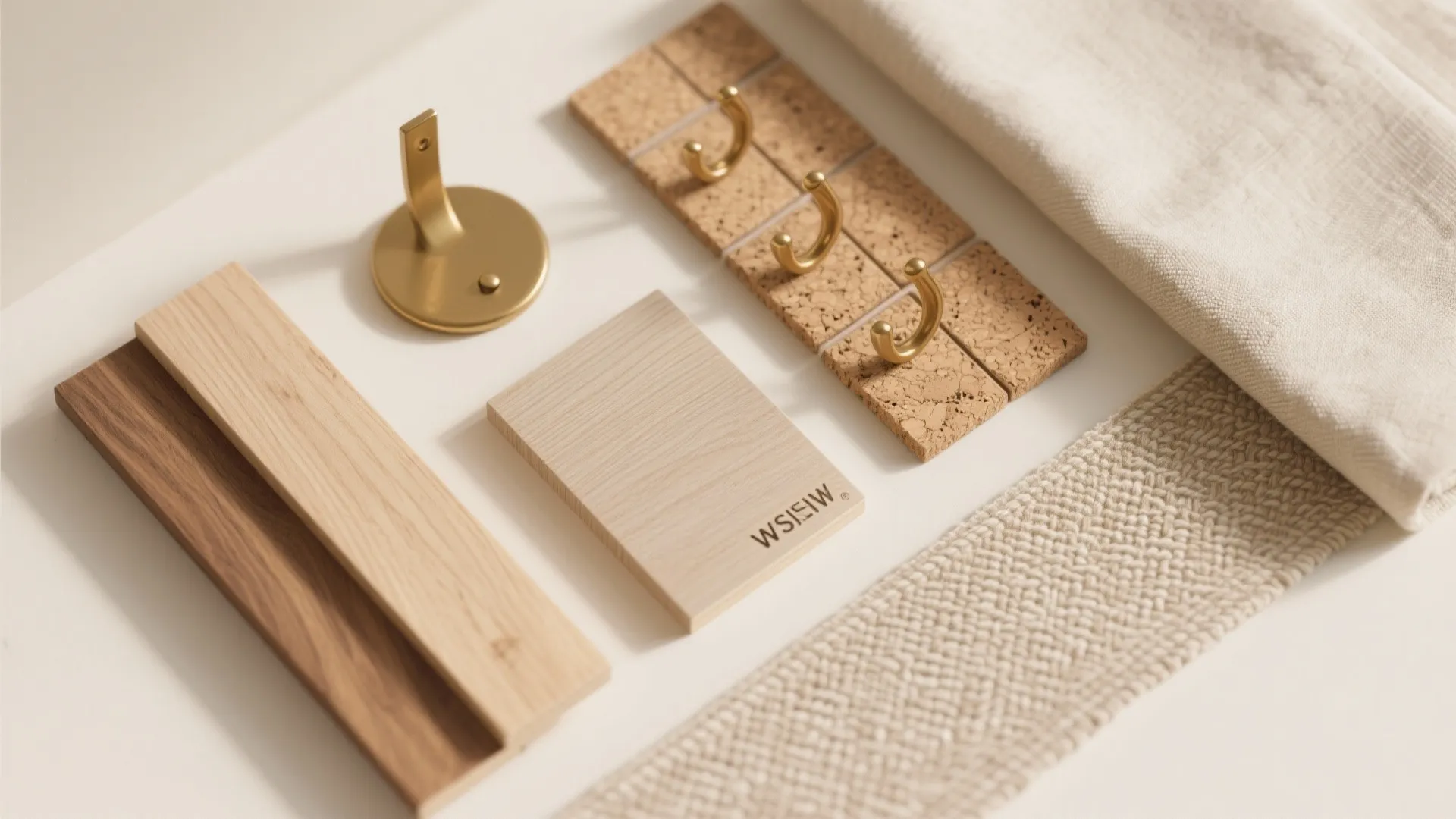 Close up of interior design material samples including wood blocks cork and gold metal wall hooks