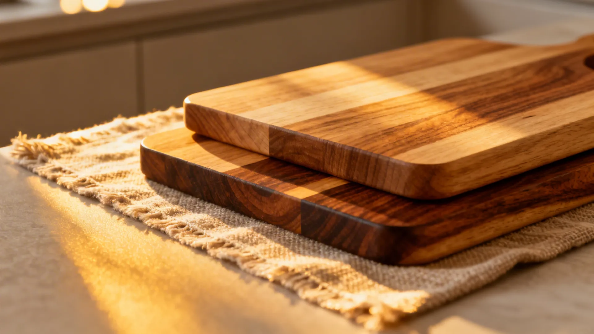 Macro of oak and walnut cutting boards with linen runner in warm light.