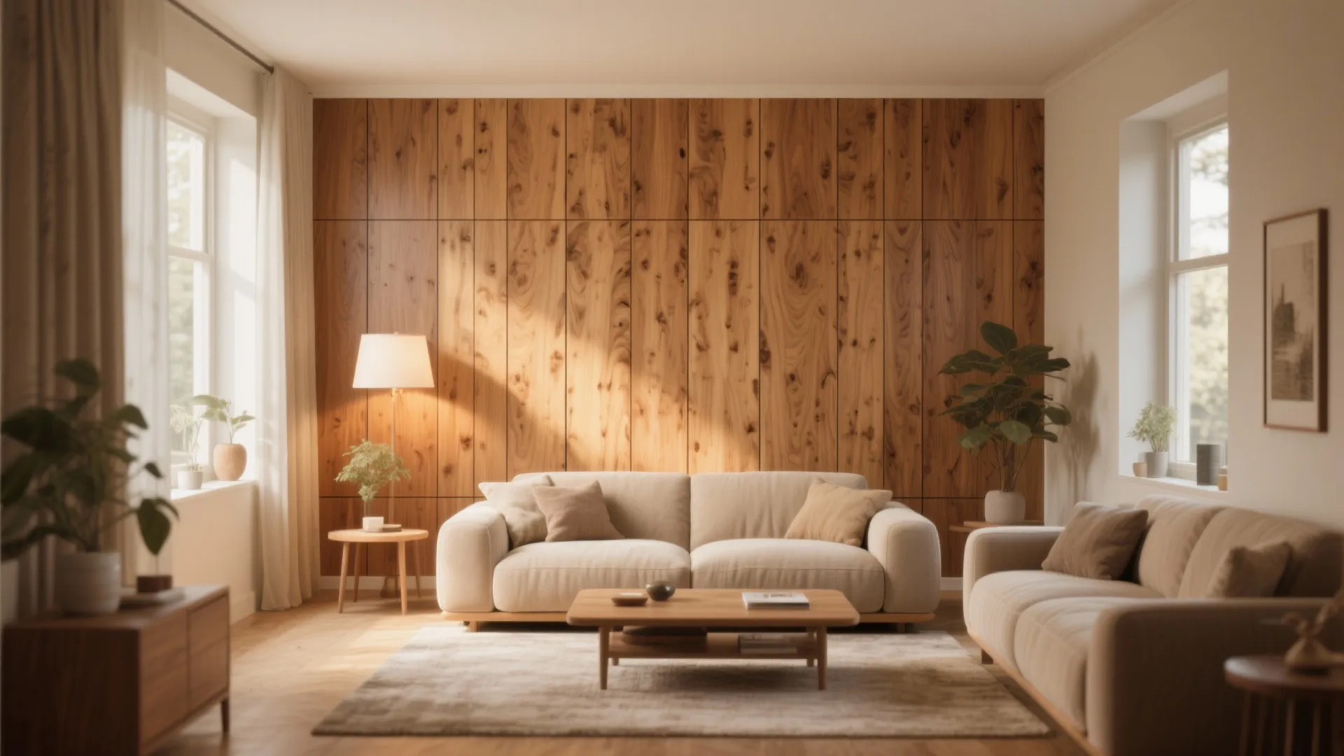 Cozy living room with wood texture wall panel beige sofa wooden coffee table and warm sunlight