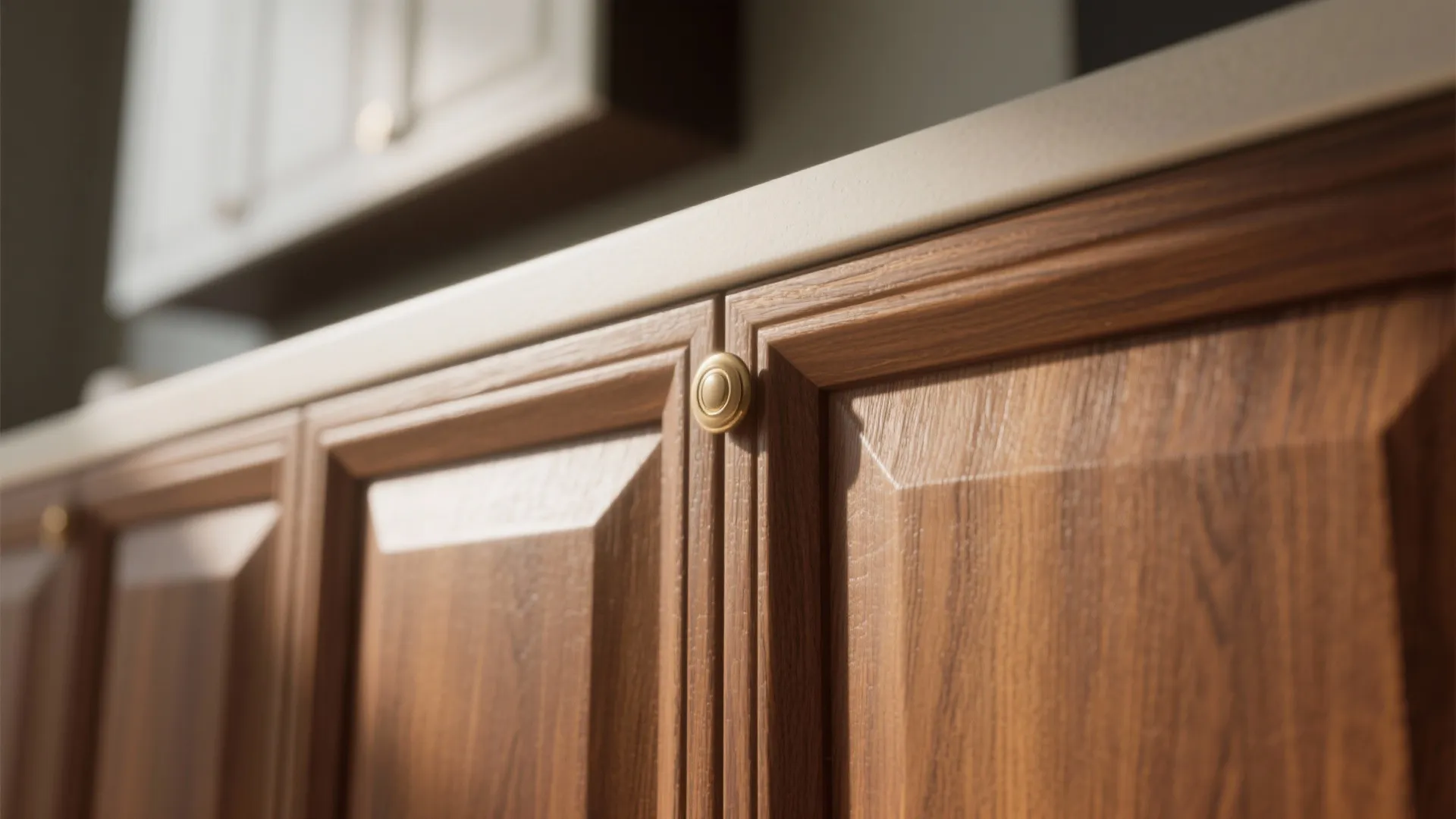 Close up view of wooden kitchen cabinet doors with round gold handles and white countertop