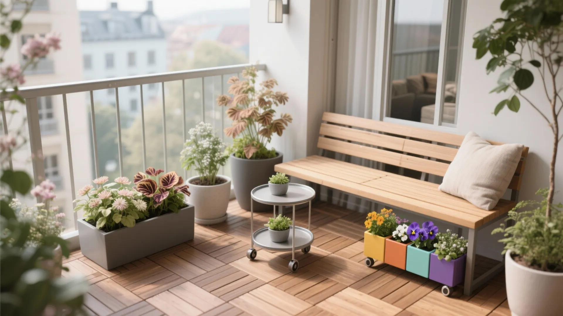 Balcony with warm wood tiles, slatted bench, and seasonal plant trays for color rotation.