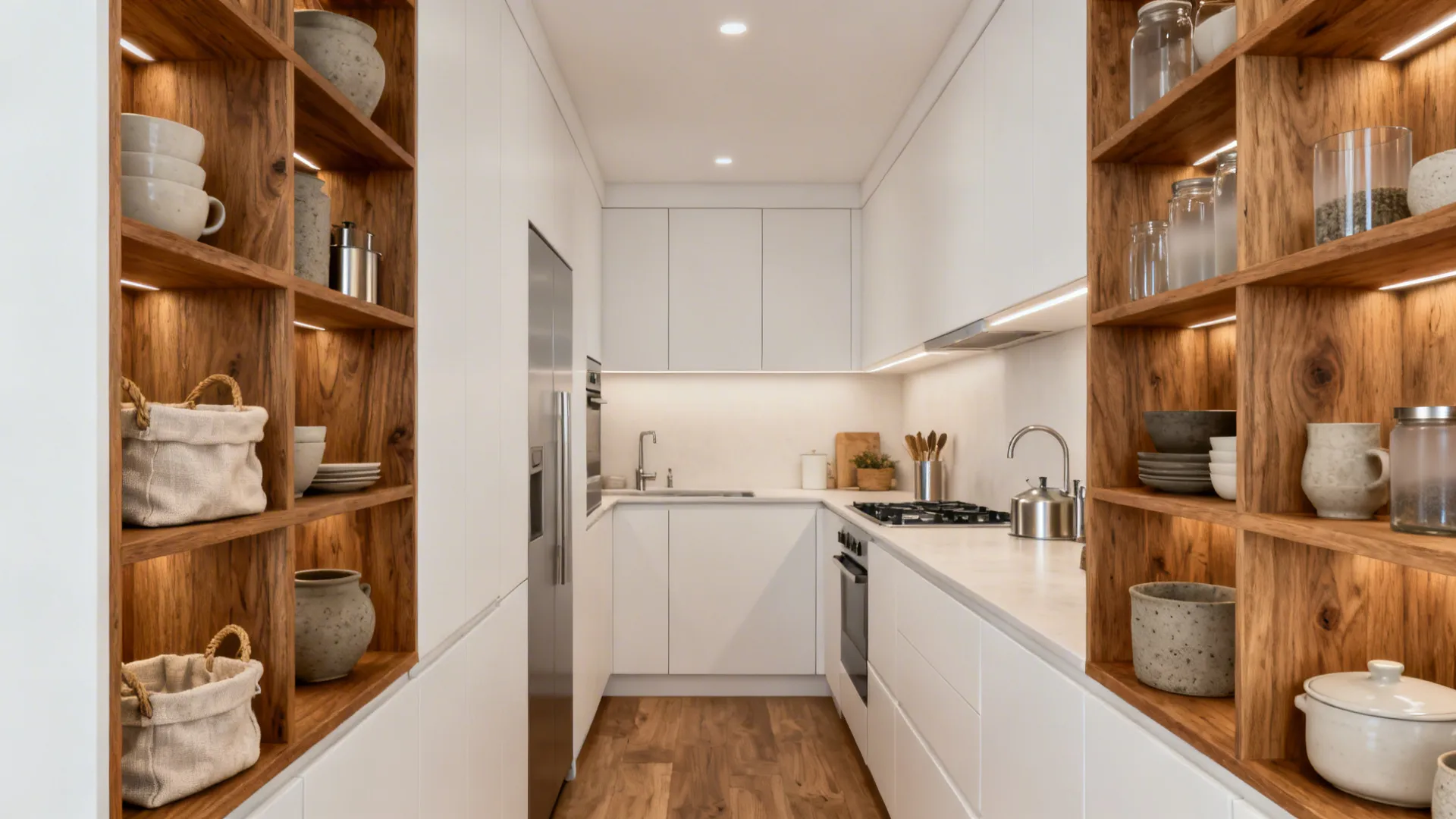 Modern white narrow kitchen with wooden shelves filled with jars baskets and dark wood floor finish