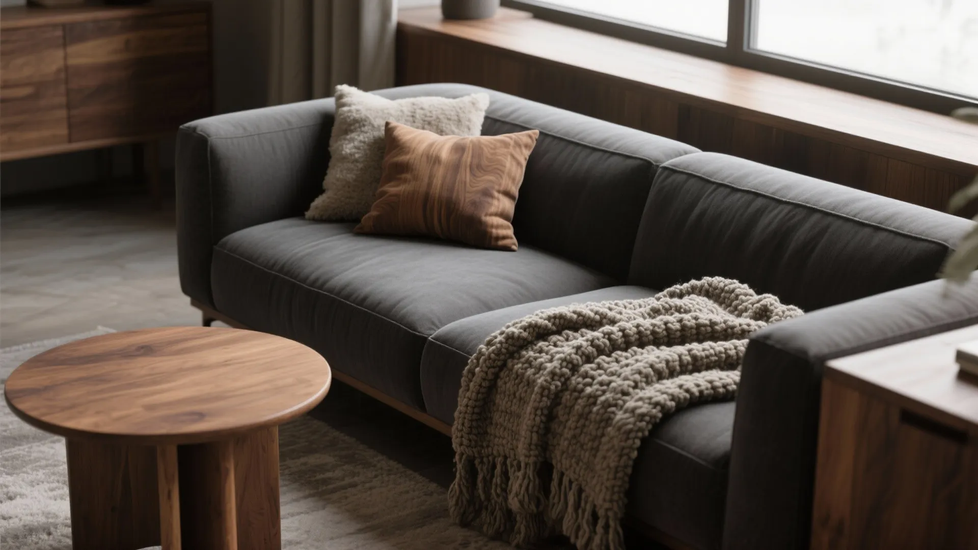 1. Warm it up with wood and tactile fabrics