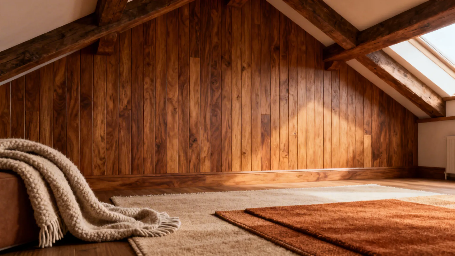 Close-up of tongue-and-groove wood accent wall, exposed beam and cozy textiles in a vaulted living room.