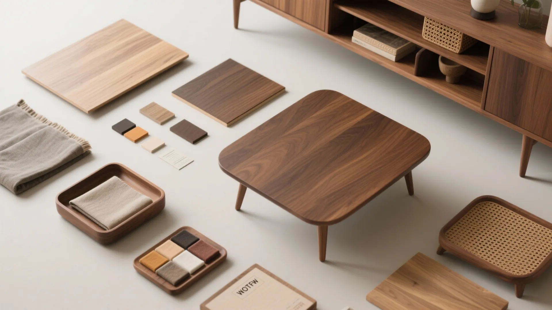 Collection of wood floor samples fabric swatches and small furniture items displayed on a white surface