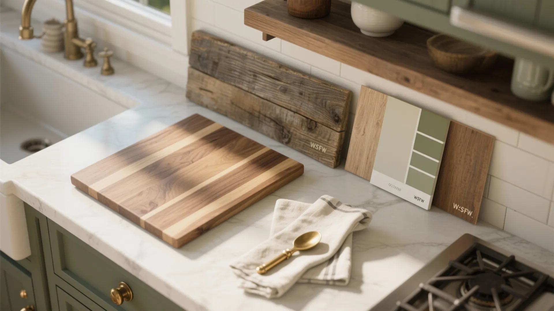 Kitchen counter with wooden cutting board green cabinets wood texture samples and color palette cards