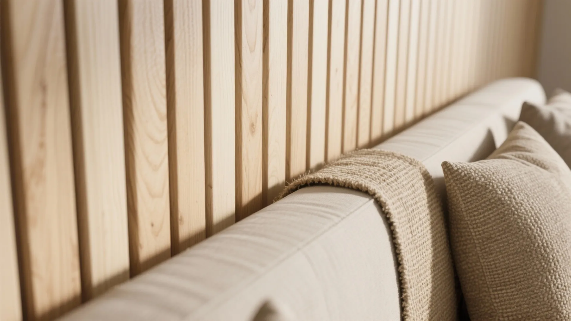 Macro detail of white oak slats with a linen runner and boucle fabric showing warm texture.