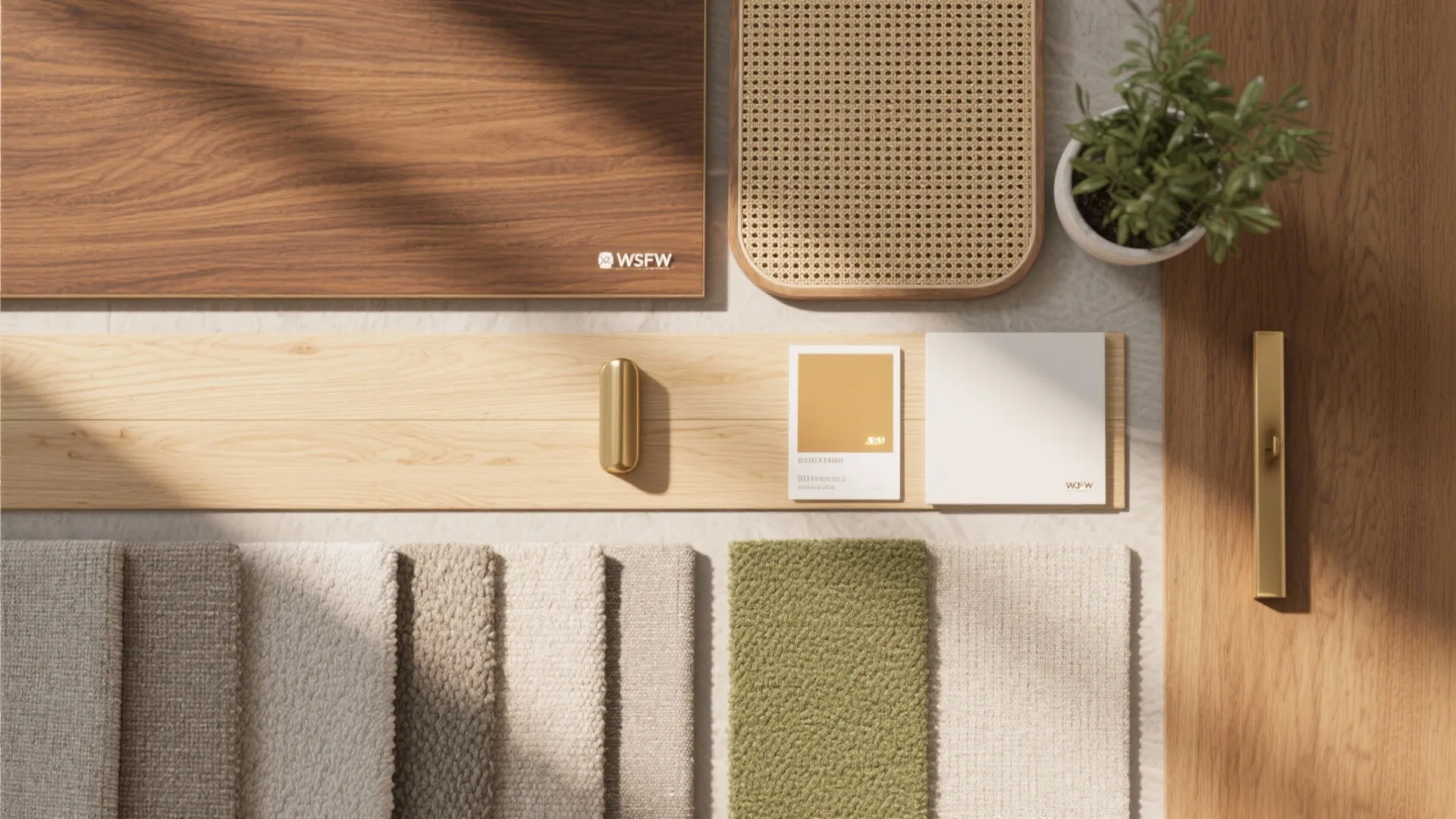 Interior design materials board with wood samples fabric swatches rattan piece and green plant top