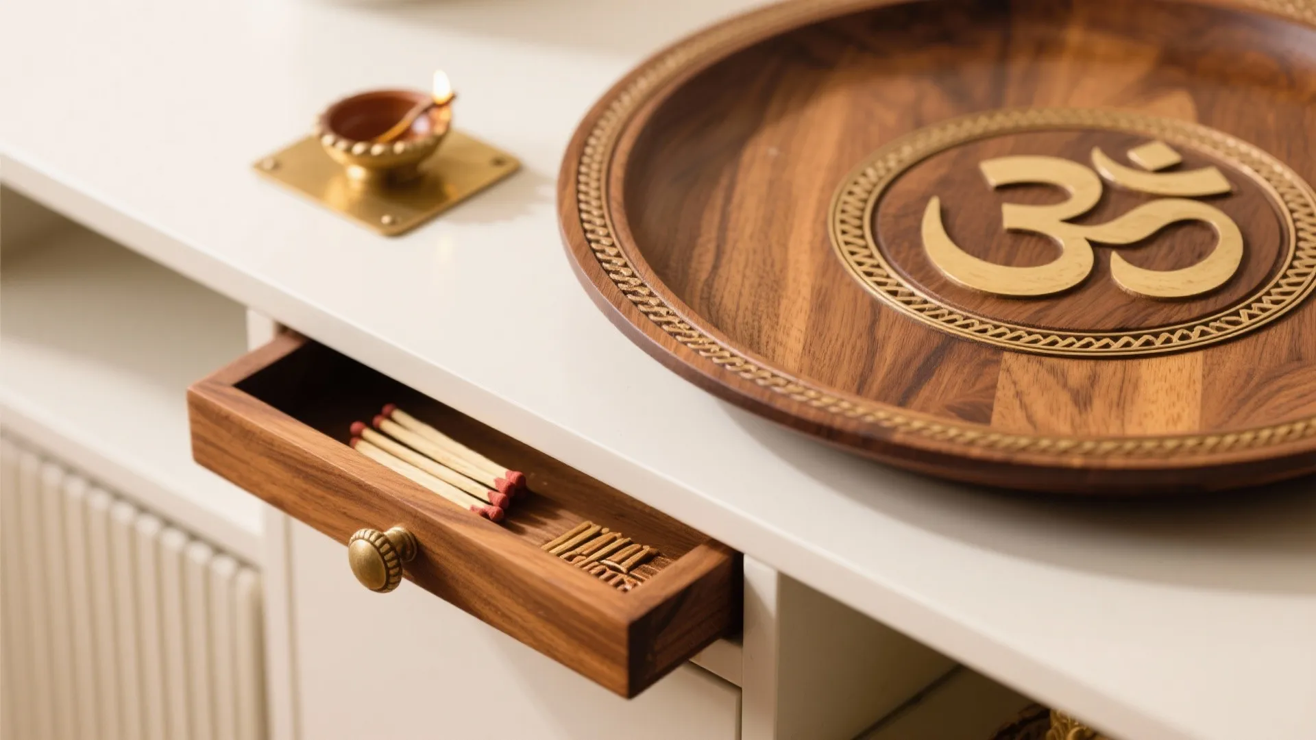 Open wooden drawer with matches on white cabinet next to decorative wood tray and lamp