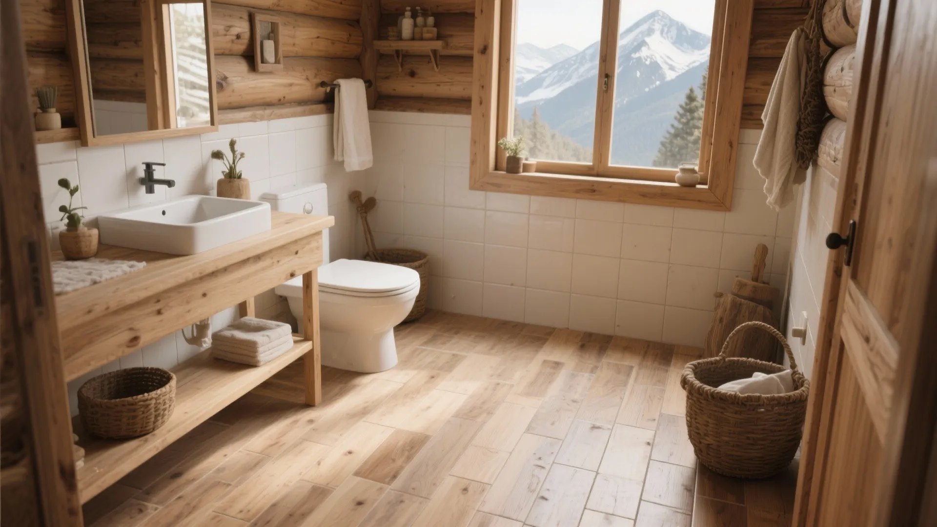 Rustic wooden bathroom with white toilet wood vanity window mountain view and natural straw baskets