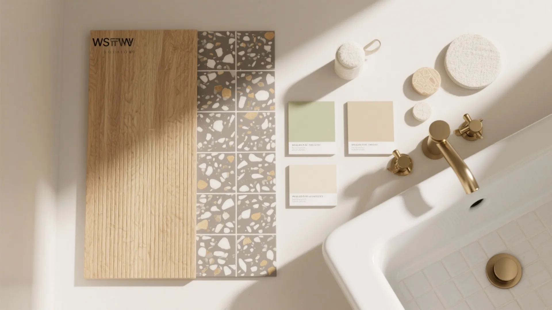 Interior design material board with wood panel stone tiles paint samples and gold water tap