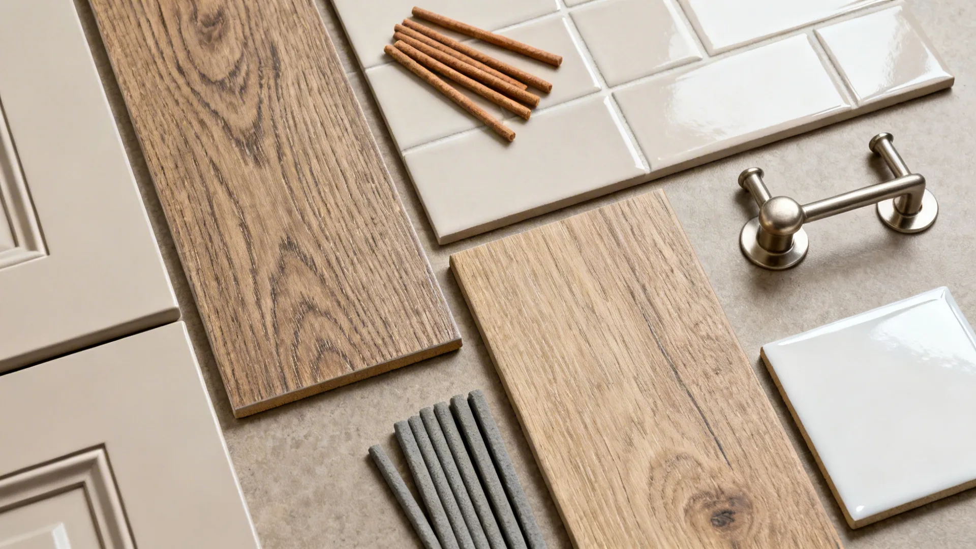 Top-down material board with wood-look porcelain planks, light cabinetry, warm gray grout, and hardware.