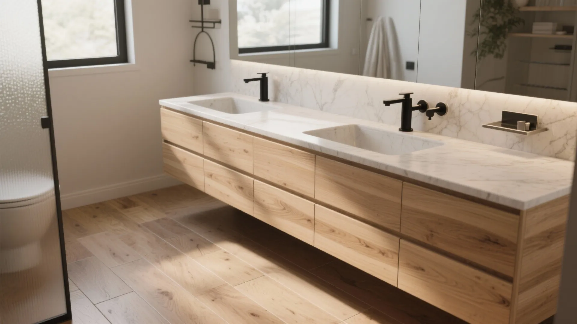 Double bathroom sink vanity with wood cabinet drawers and white marble countertop with black faucets
