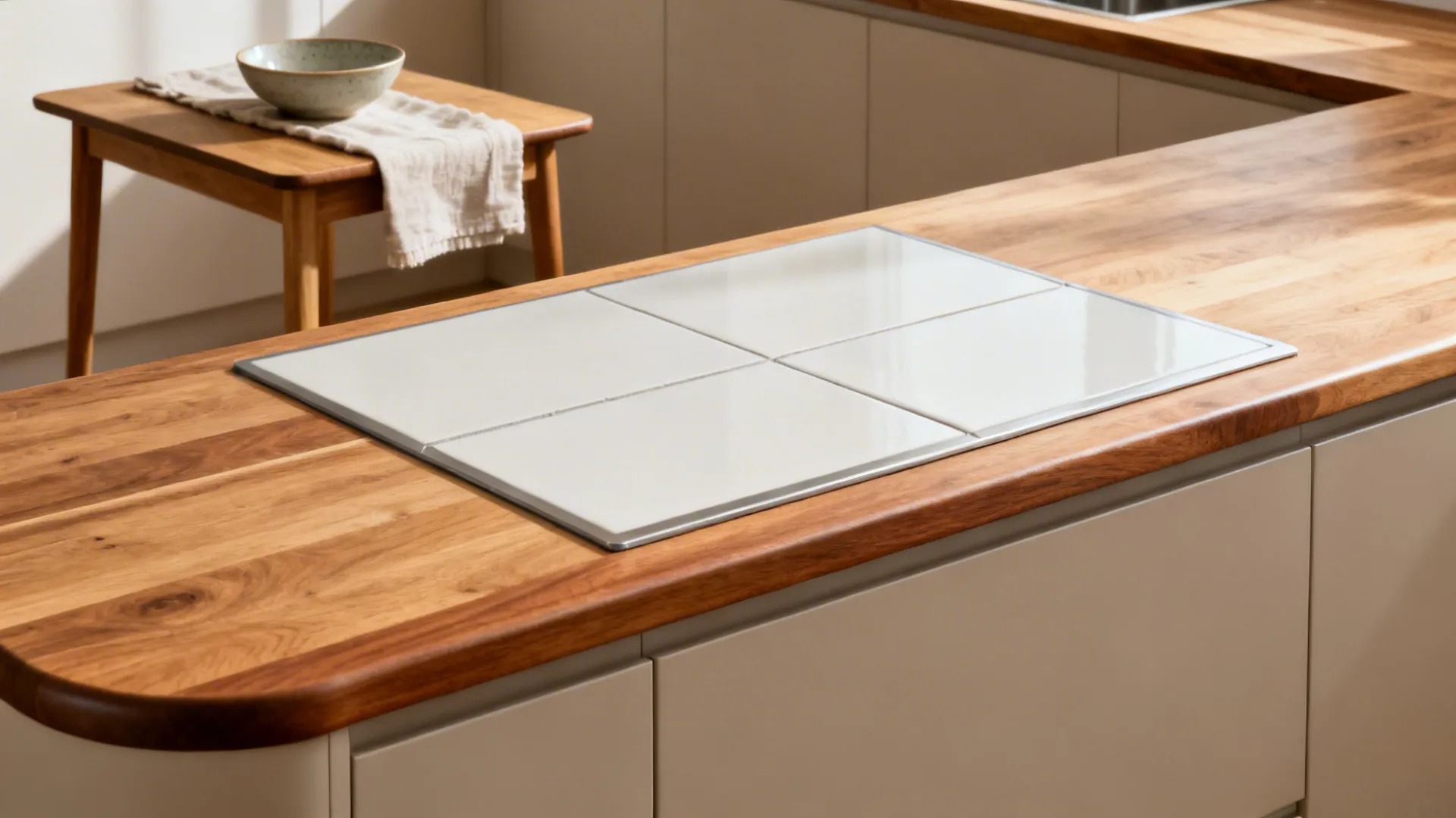 Small table with warm oak perimeter and off-center porcelain tile insert in soft daylight.